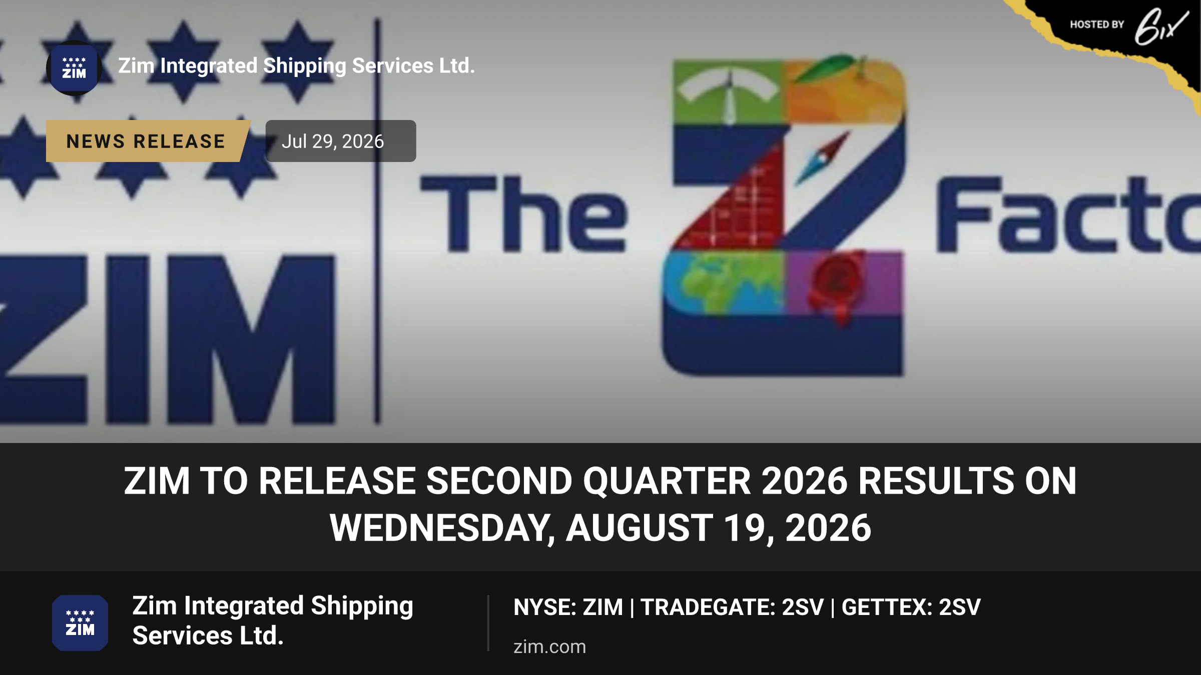 ZIM to Release Second Quarter 2026 Results on Wednesday, August 19, 2026