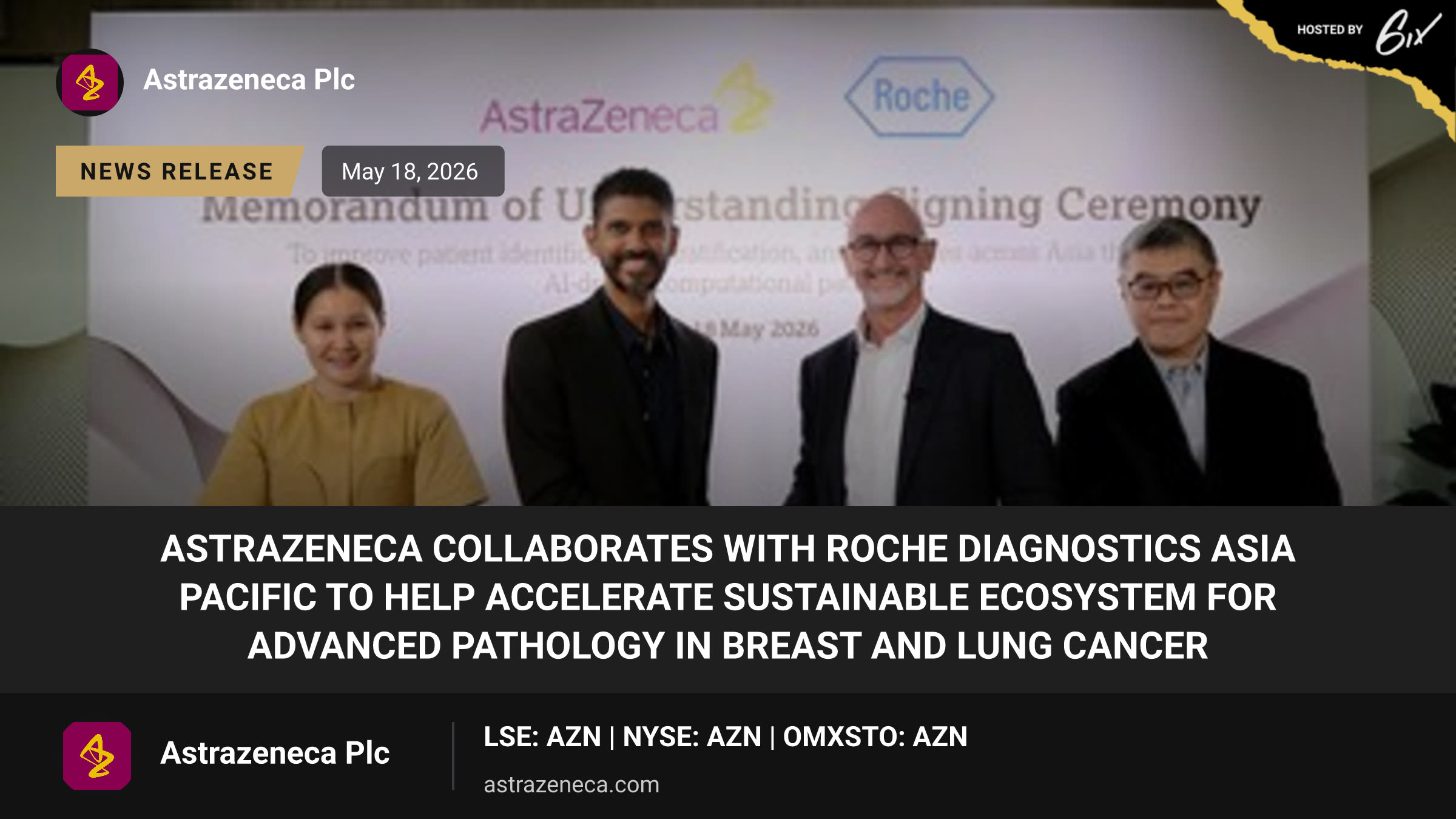 AstraZeneca Collaborates with Roche Diagnostics Asia Pacific to Help Accelerate Sustainable Ecosystem for Advanced Pathology in Breast and Lung Cancer