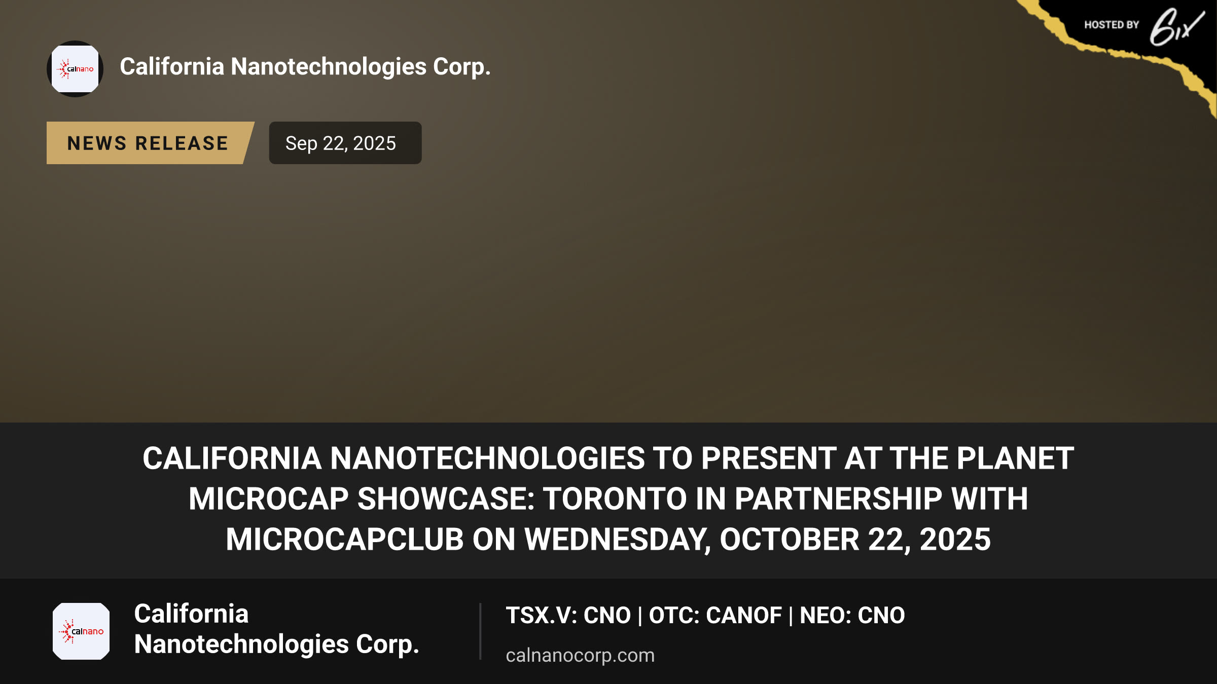 California Nanotechnologies to Present at the Planet MicroCap Showcase: TORONTO in partnership with MicroCapClub on Wednesday, October 22, 2025