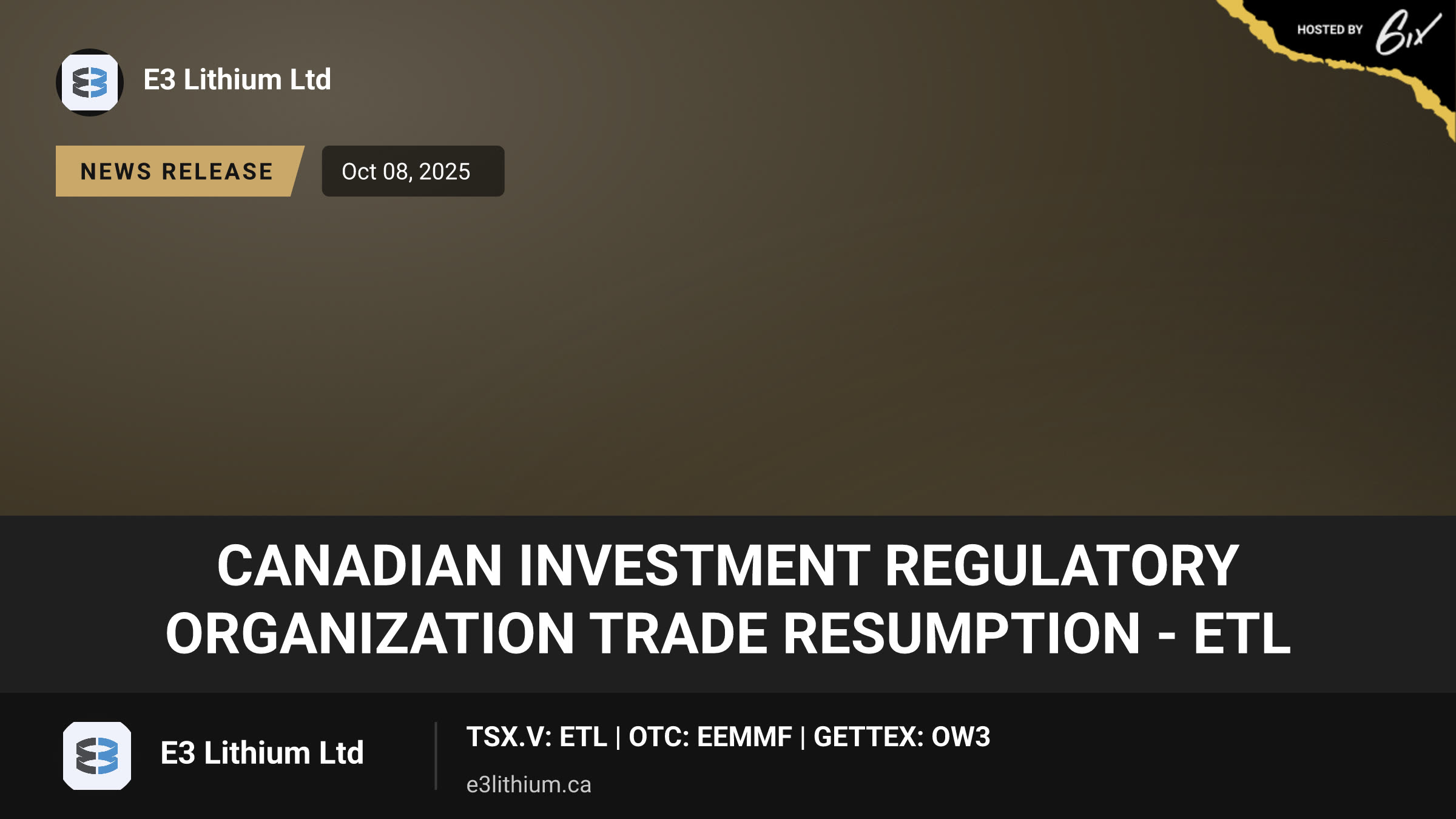 Canadian Investment Regulatory Organization Trade Resumption - ETL