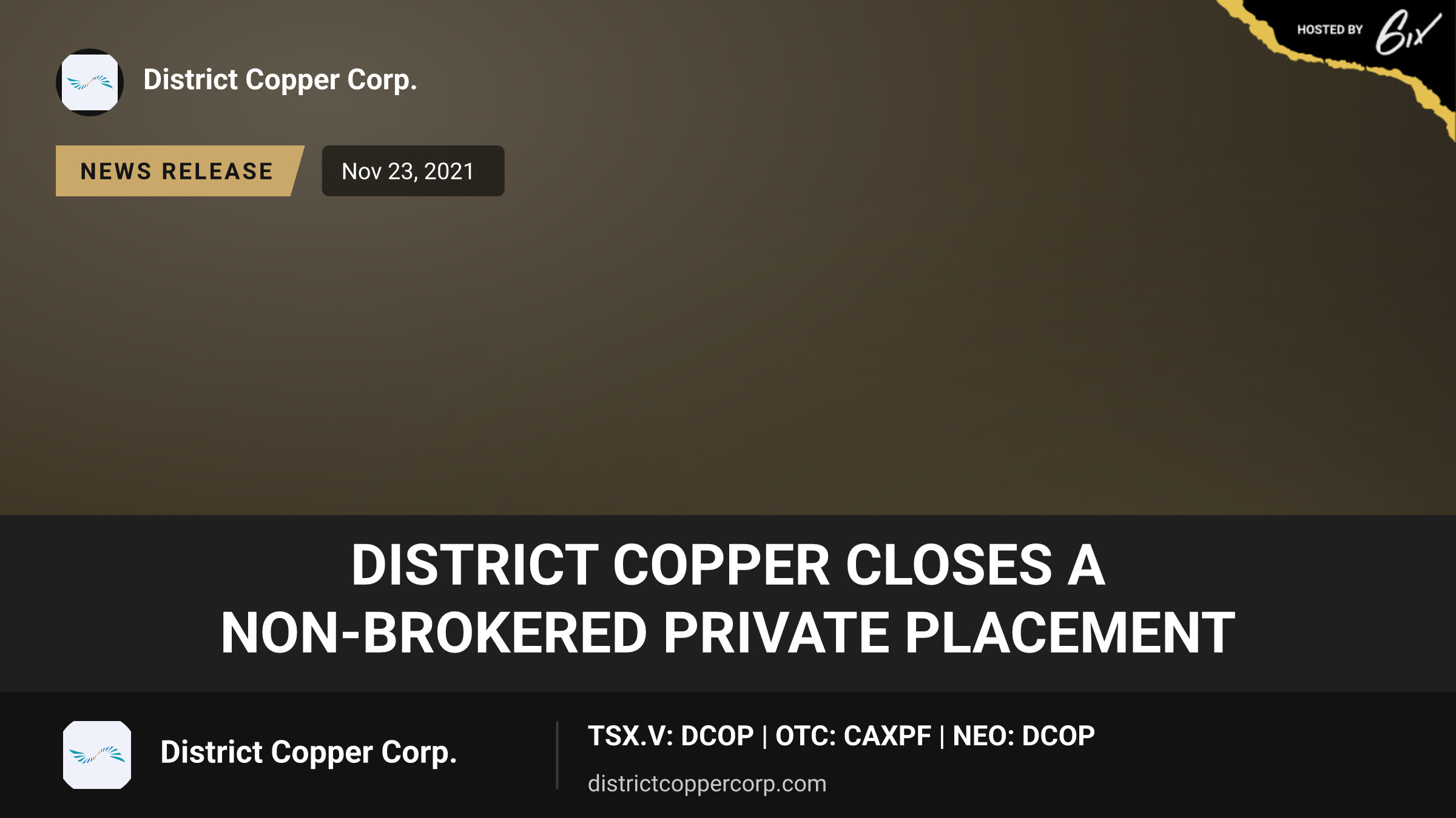 District Copper Closes a Non-Brokered Private Placement