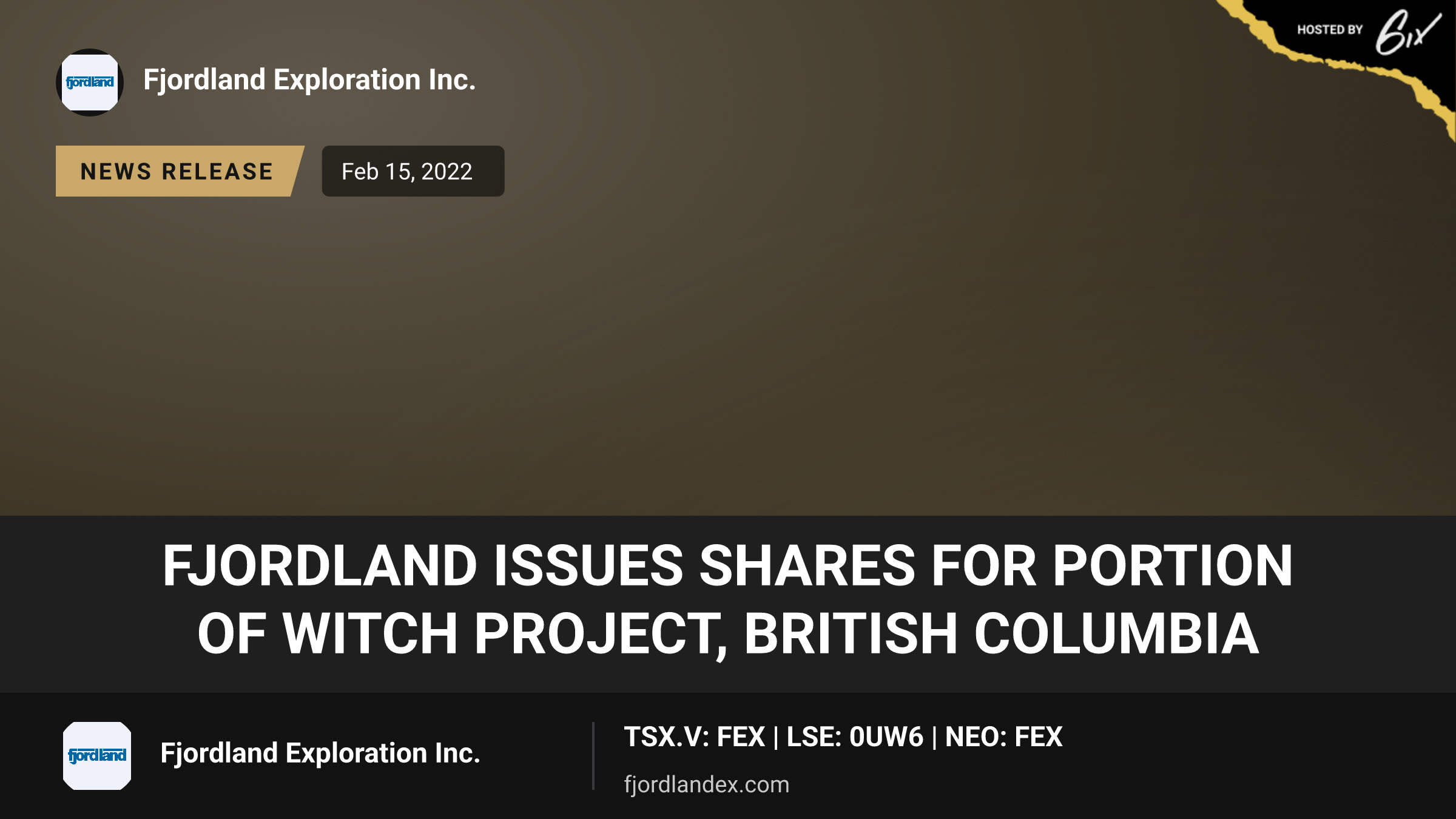 Fjordland Issues Shares for Portion of Witch Project, British Columbia