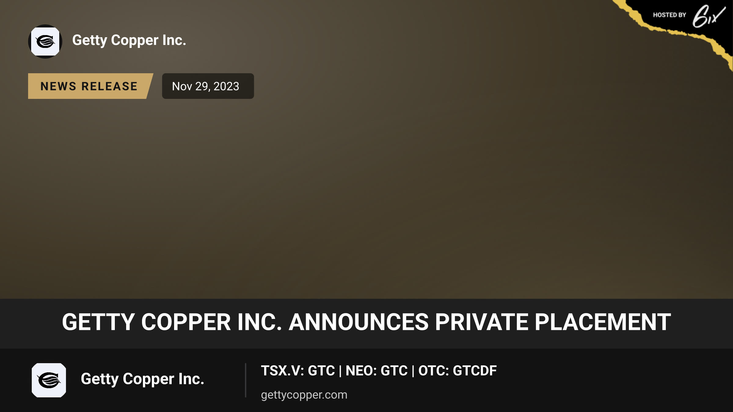 GETTY COPPER INC. ANNOUNCES PRIVATE PLACEMENT