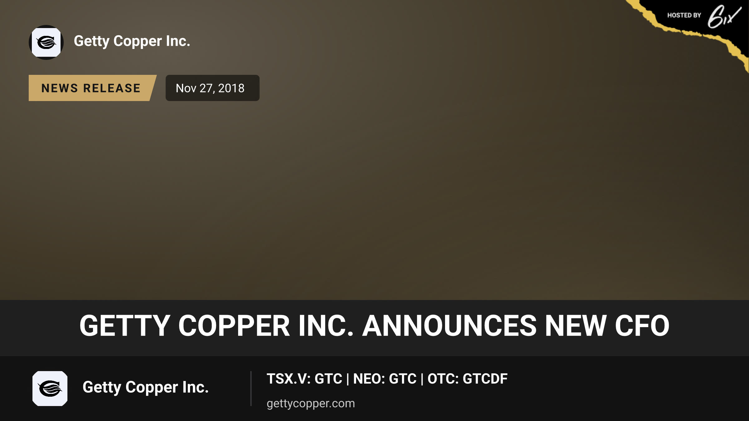 Getty Copper Inc. Announces New CFO