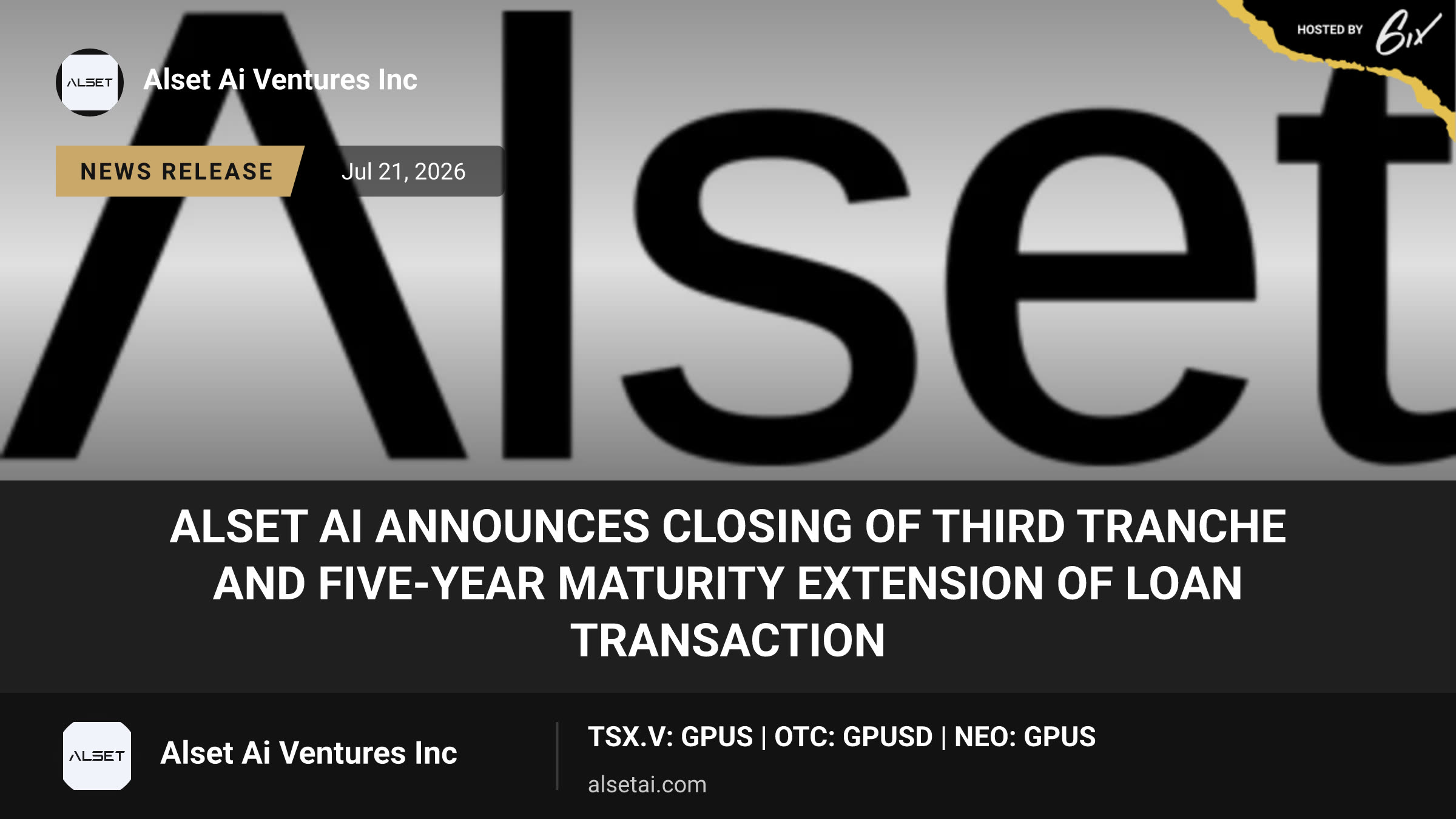 Alset AI Announces Closing of Third Tranche and Five-Year Maturity Extension of Loan Transaction