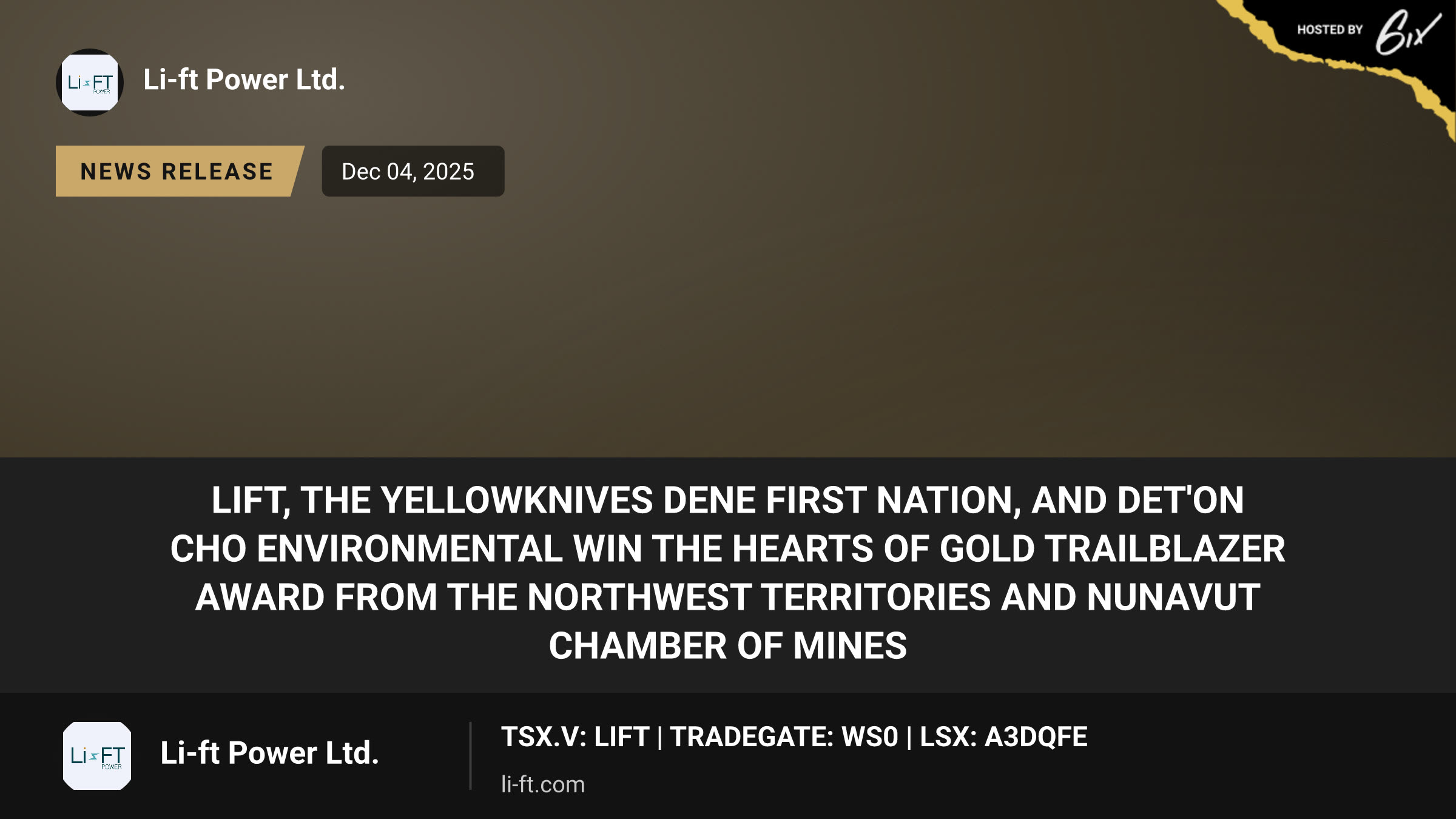 LIFT, the Yellowknives Dene First Nation, and Det'on Cho Environmental Win the Hearts of Gold Trailblazer Award from the Northwest Territories and Nunavut Chamber of Mines