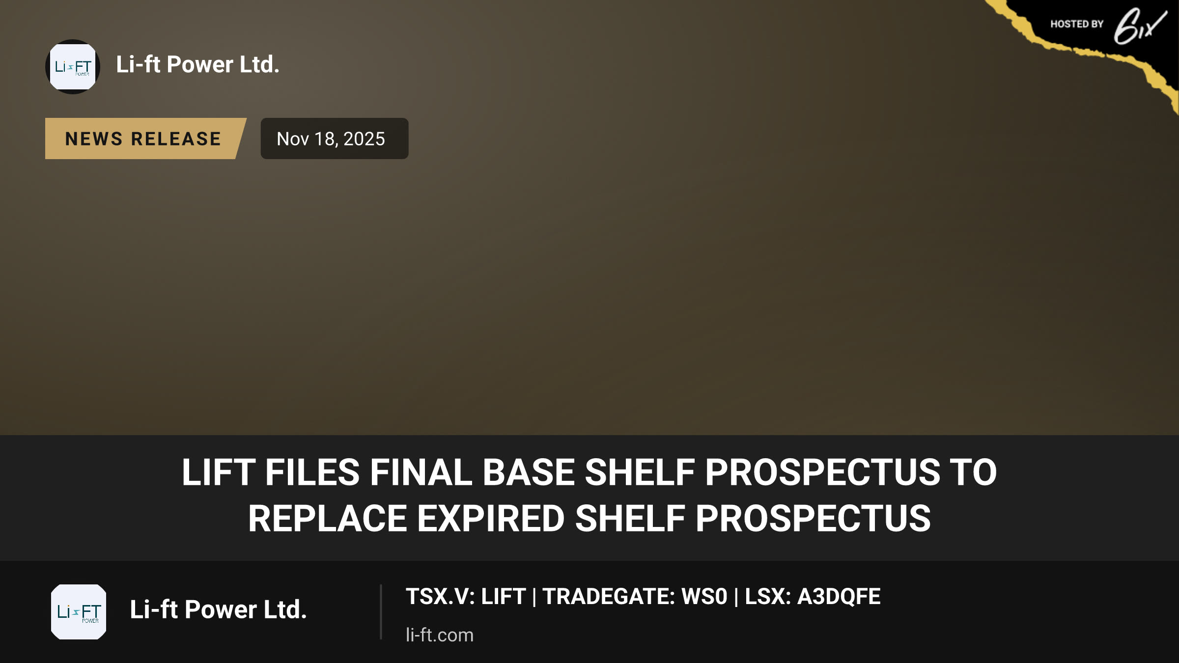 LIFT Files Final Base Shelf Prospectus to Replace Expired Shelf Prospectus