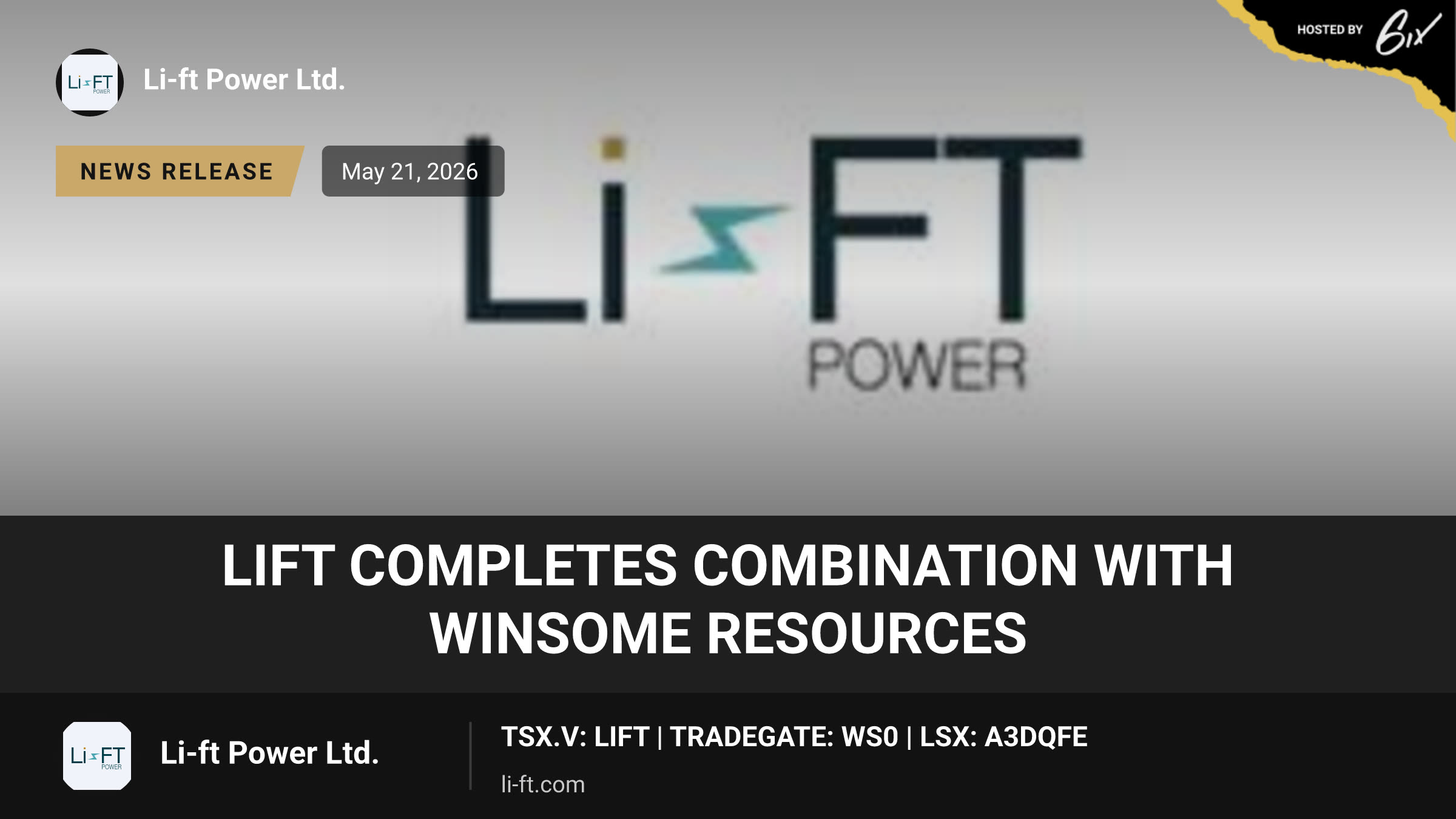 LIFT Completes Combination With Winsome Resources
