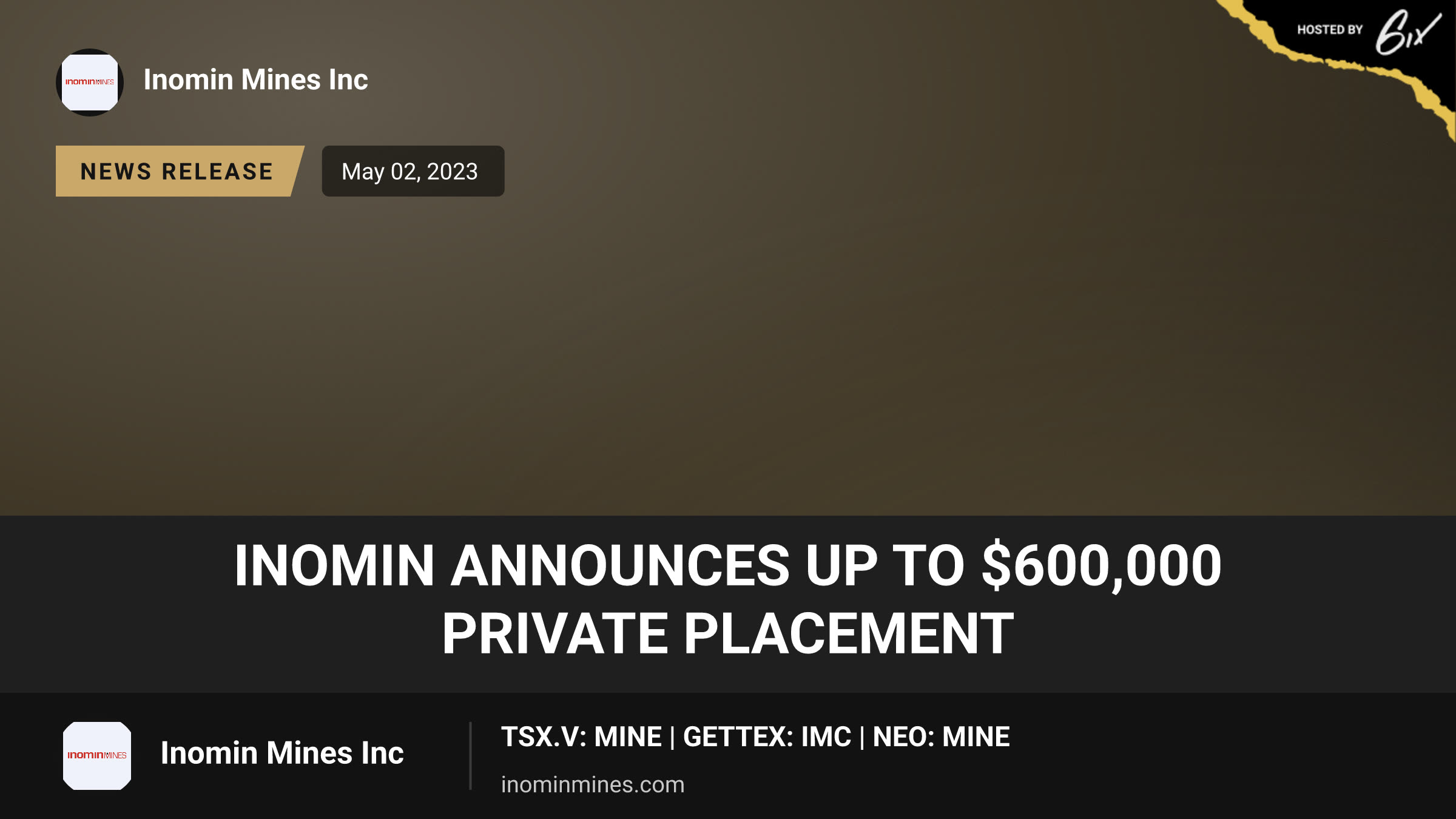 Inomin Announces up to $600,000 Private Placement