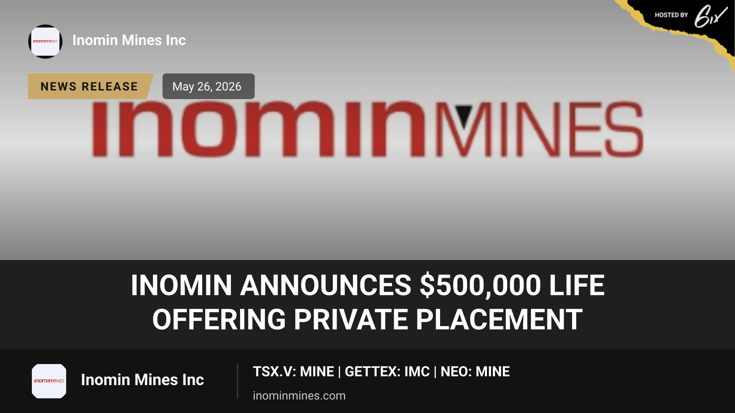 Inomin Announces $500,000 LIFE Offering Private Placement