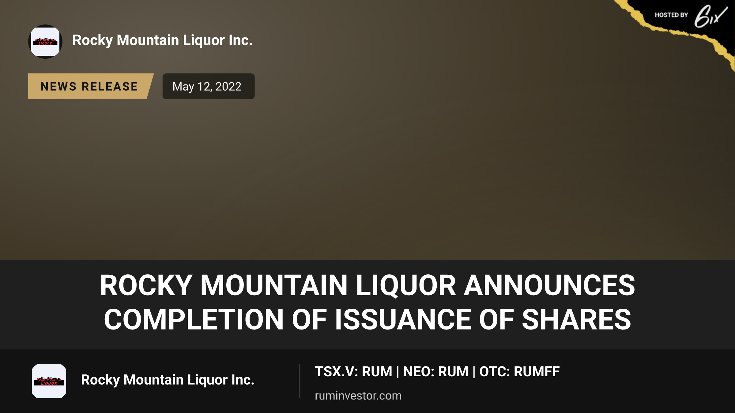Rocky Mountain Liquor Announces Completion of Issuance of Shares