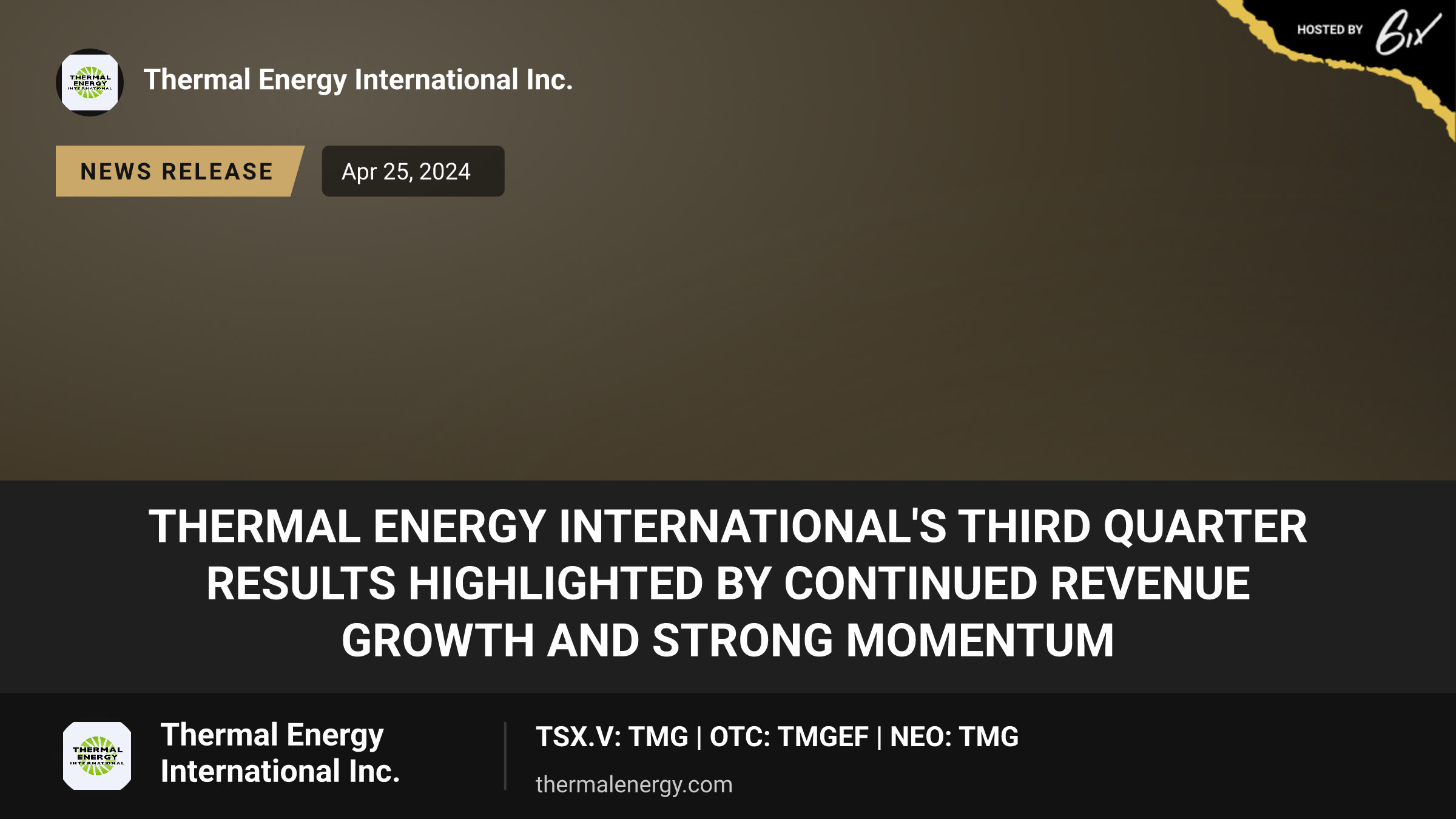 Thermal Energy International's Third Quarter Results Highlighted by Continued Revenue Growth and Strong Momentum