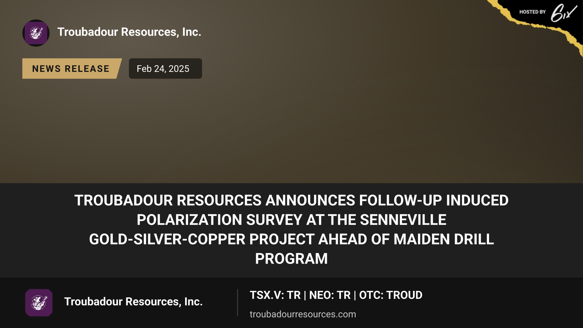 Troubadour Resources Announces Follow-up Induced Polarization Survey at the Senneville Gold-Silver-Copper Project ahead of Maiden Drill Program