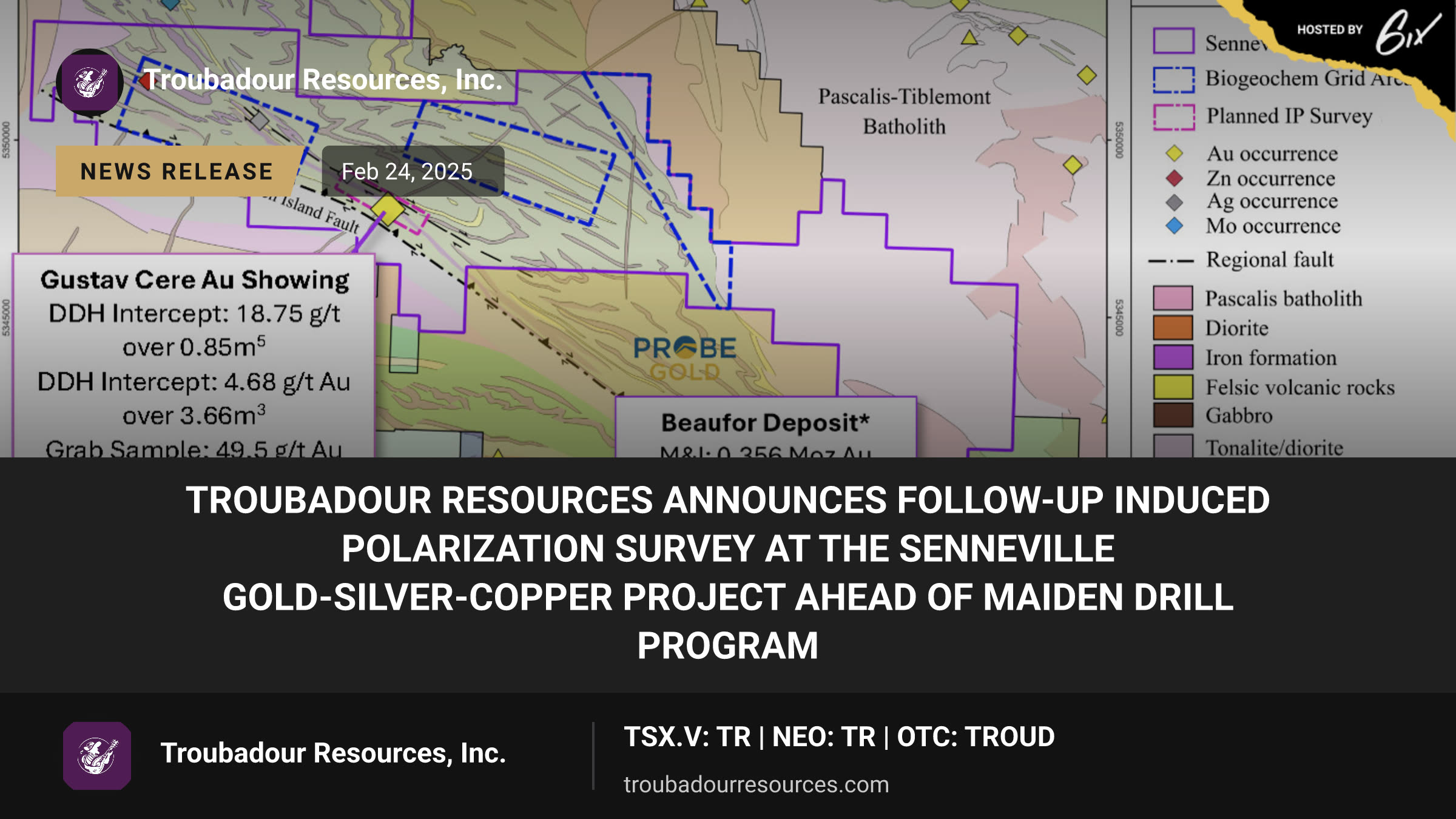 Troubadour Resources Announces Follow-up Induced Polarization Survey at the Senneville Gold-Silver-Copper Project Ahead of Maiden Drill Program