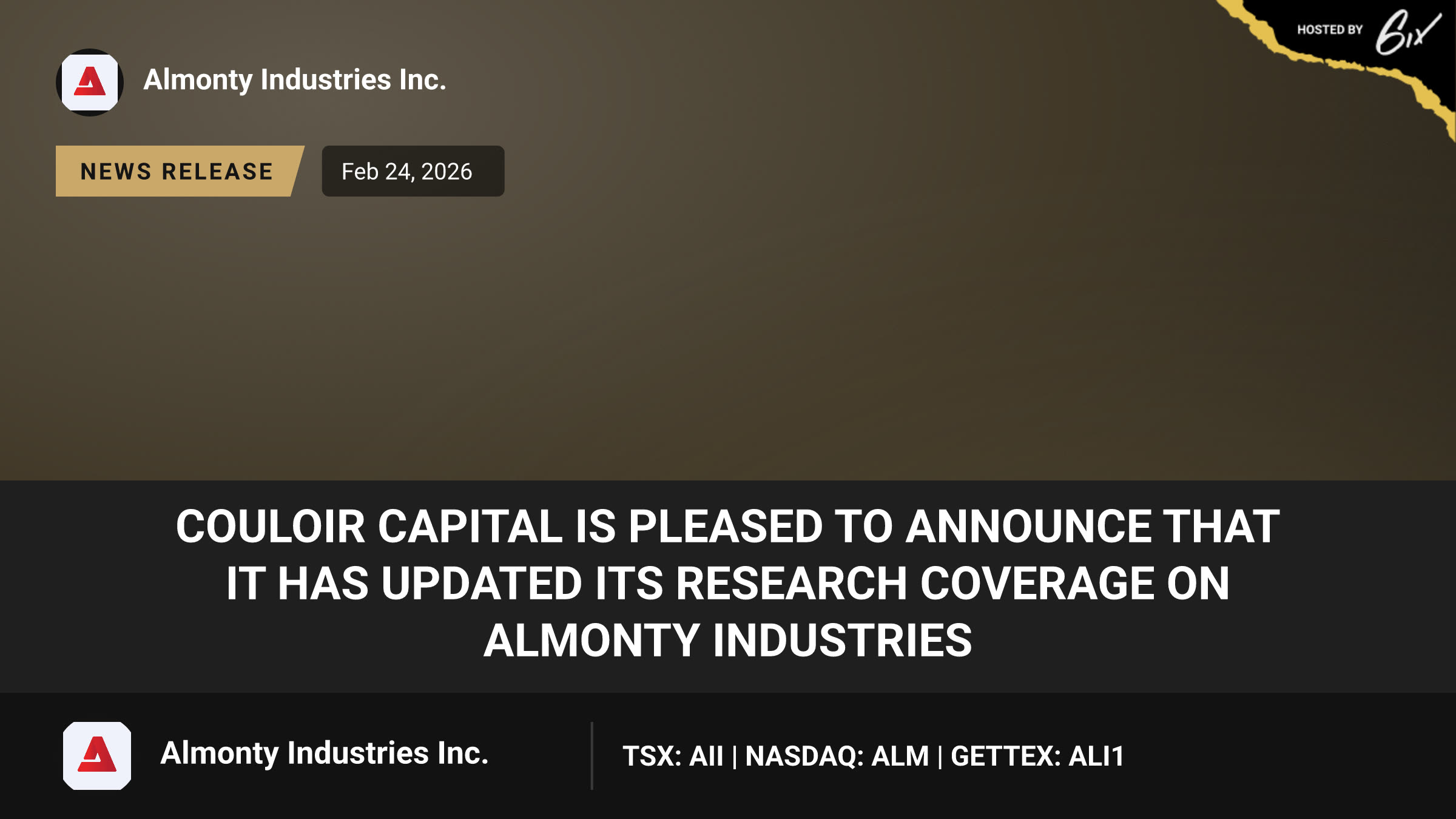 Couloir Capital is Pleased to Announce That it Has Updated its Research Coverage on Almonty Industries