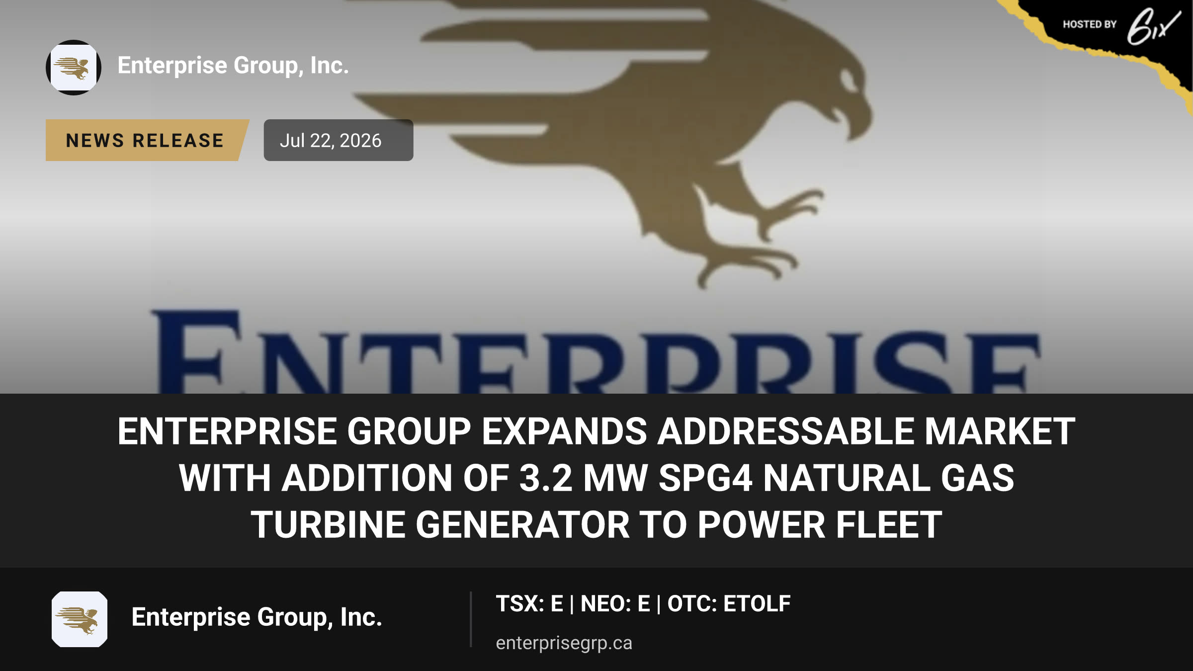 Enterprise Group Expands Addressable Market with Addition of 3.2 MW SPG4 Natural Gas Turbine Generator to Power Fleet