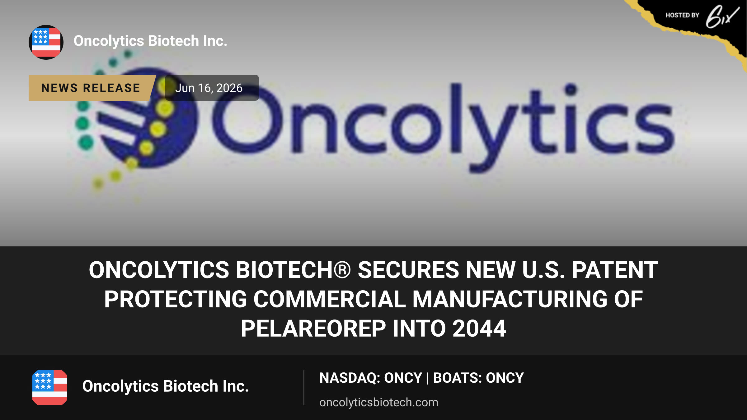 Oncolytics Biotech® Secures New U.S. Patent Protecting Commercial Manufacturing of Pelareorep into 2044