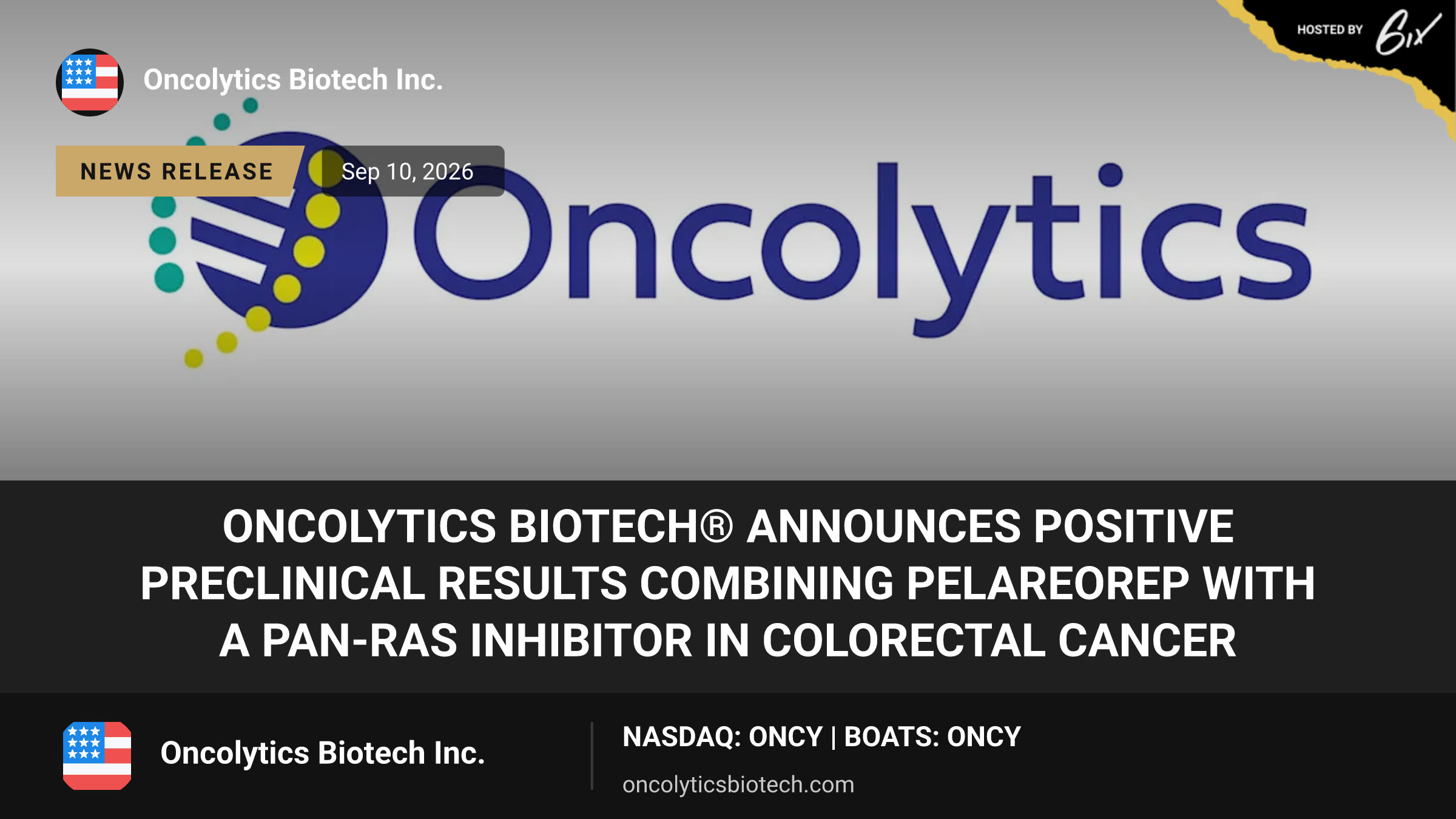 Oncolytics Biotech® Announces Positive Preclinical Results Combining Pelareorep with a Pan-RAS Inhibitor in Colorectal Cancer