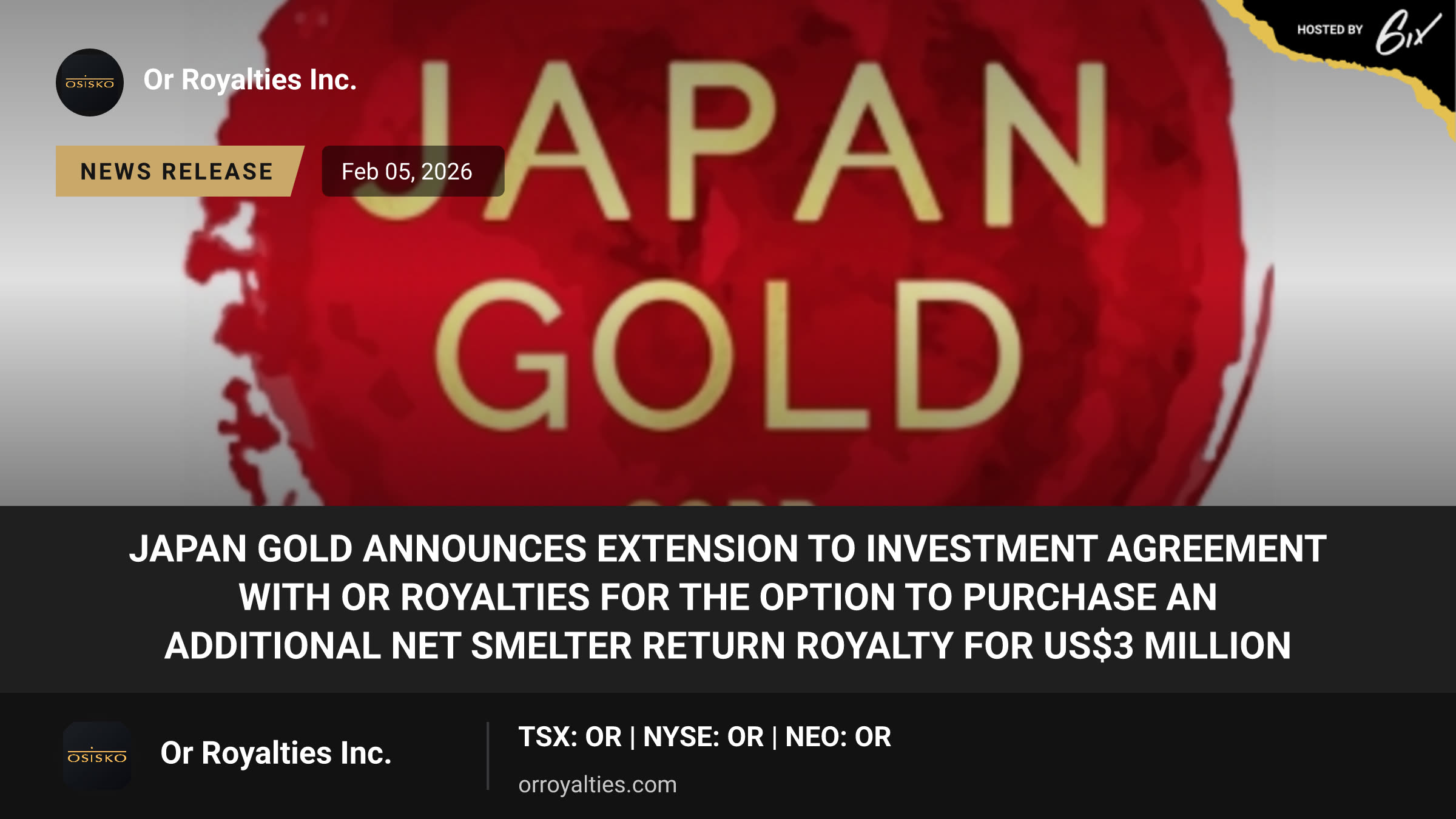 Japan Gold Announces Extension to Investment Agreement with OR Royalties for the Option to Purchase an Additional Net Smelter Return Royalty for US$3 million