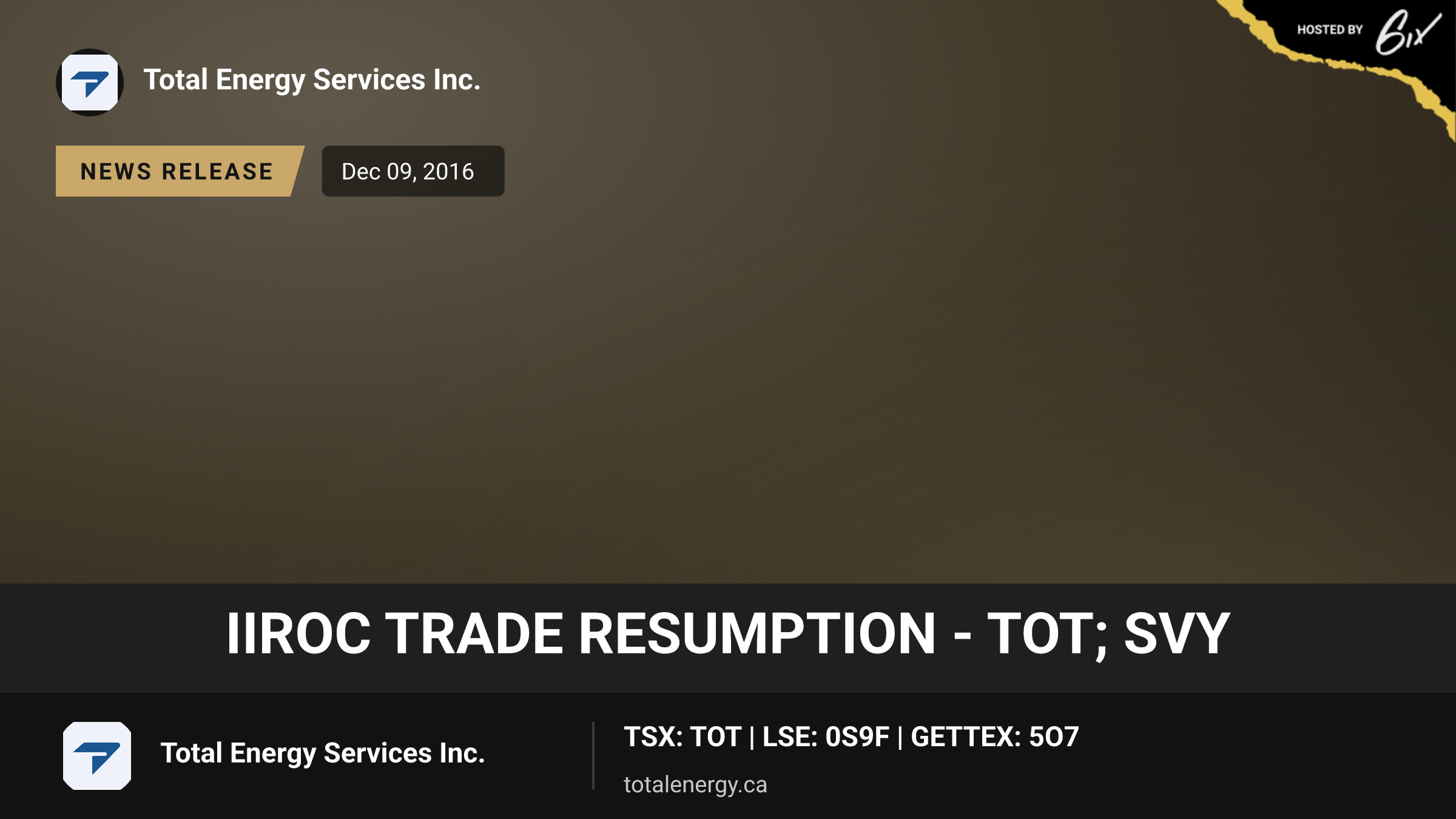 IIROC Trade Resumption - TOT; SVY