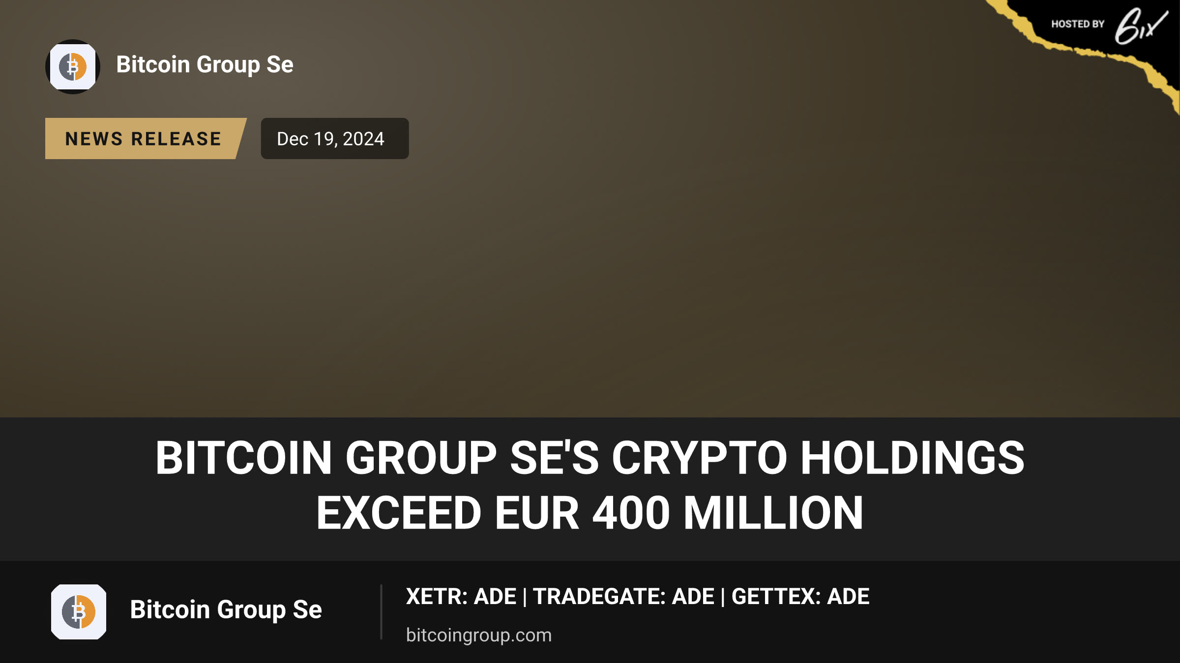 Bitcoin Group SE's crypto holdings exceed EUR 400 million