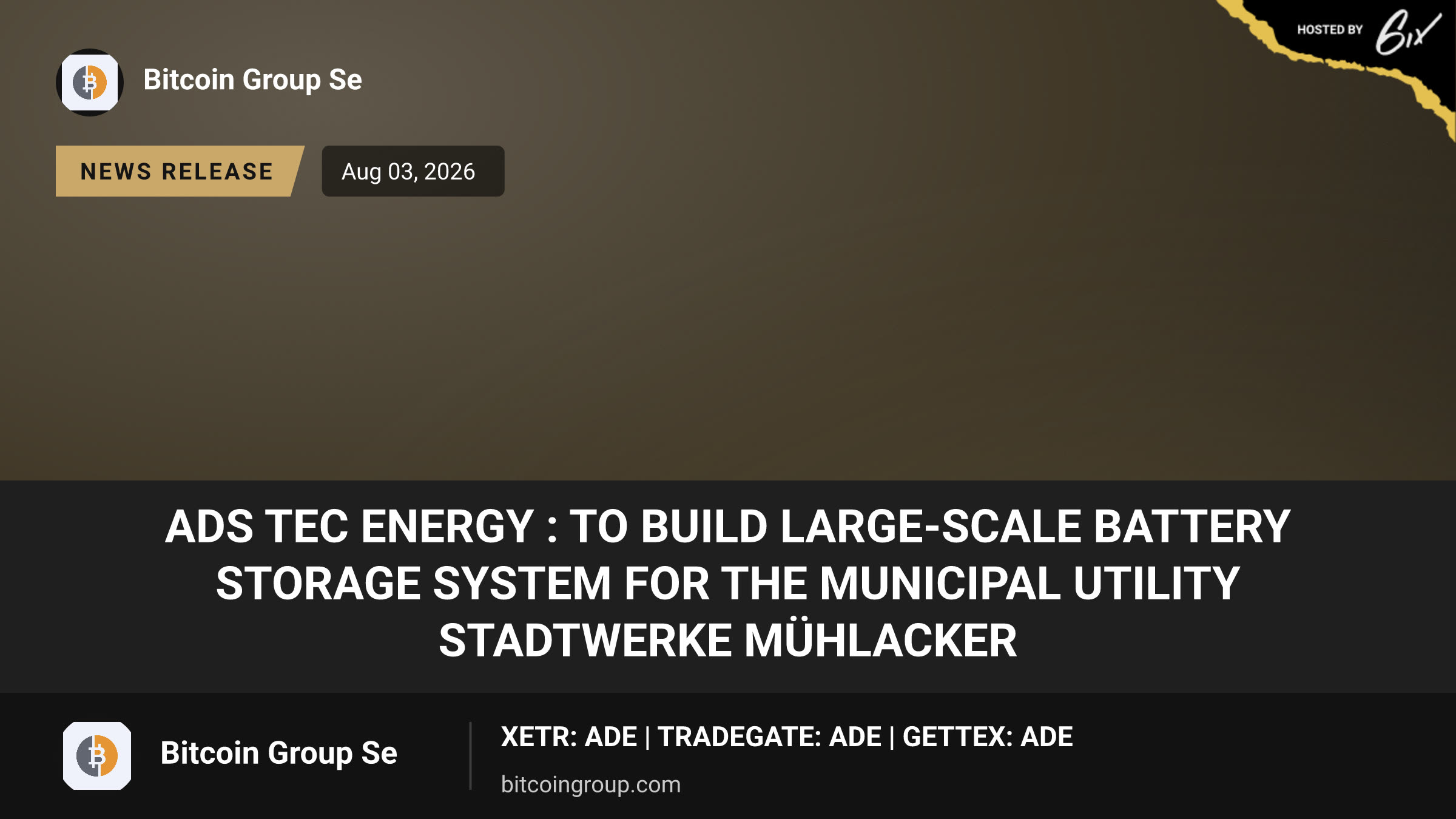 ADS TEC Energy : to Build Large-Scale Battery Storage System for the Municipal Utility Stadtwerke Mühlacker