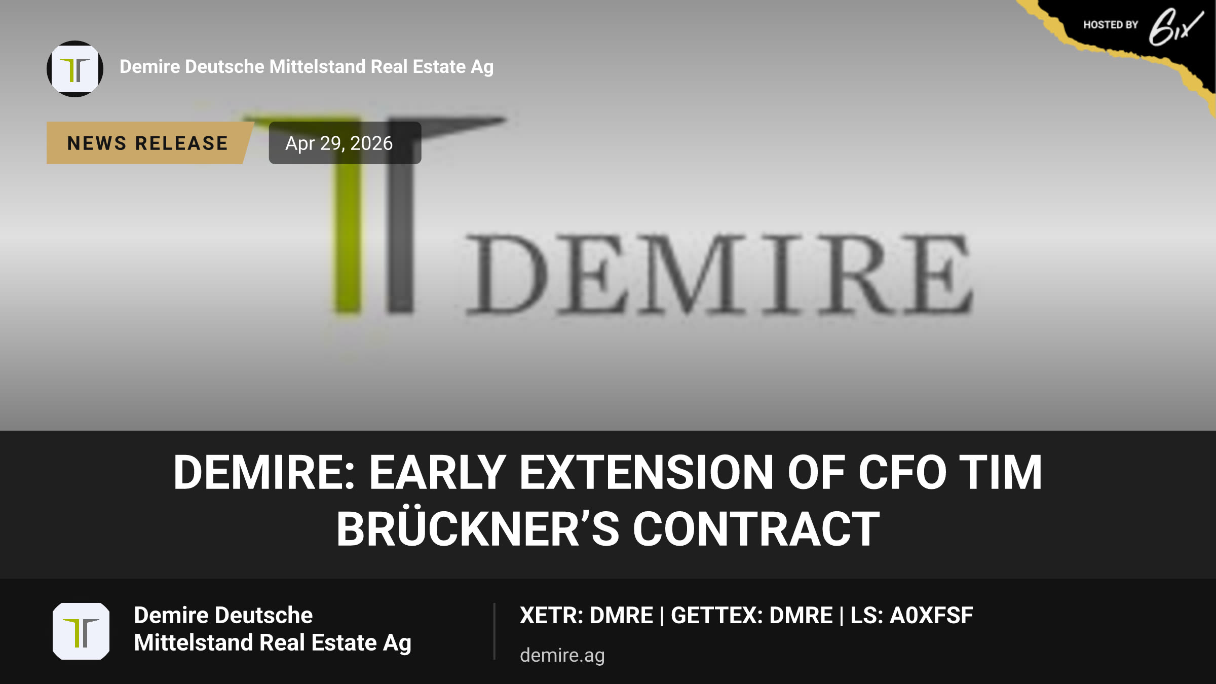 DEMIRE: Early extension of CFO Tim Brückner’s contract