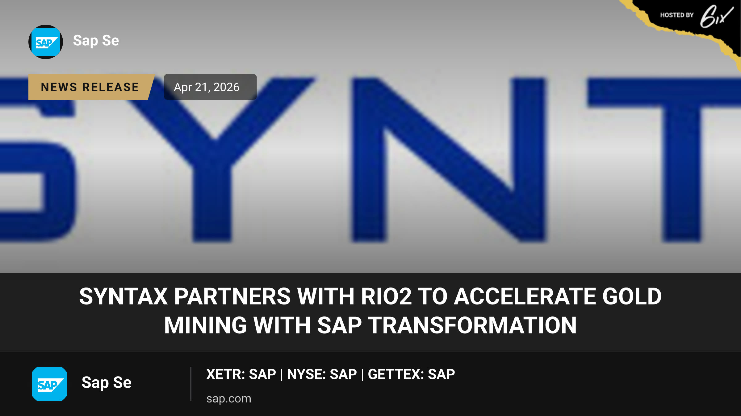 Syntax Partners with Rio2 to Accelerate Gold Mining with SAP Transformation