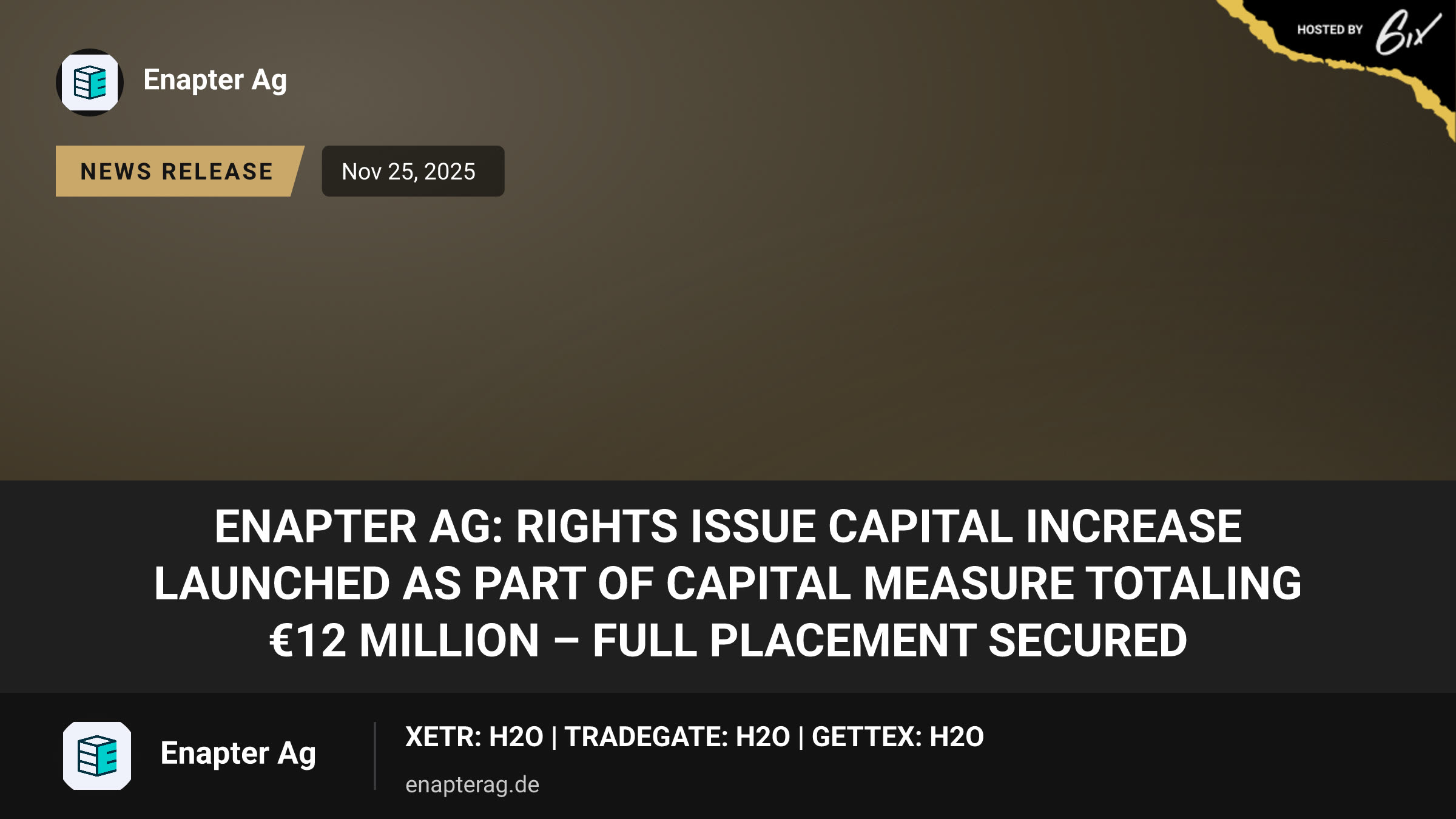 Enapter AG: Rights issue capital increase launched as part of capital measure totaling €12 million – full placement secured