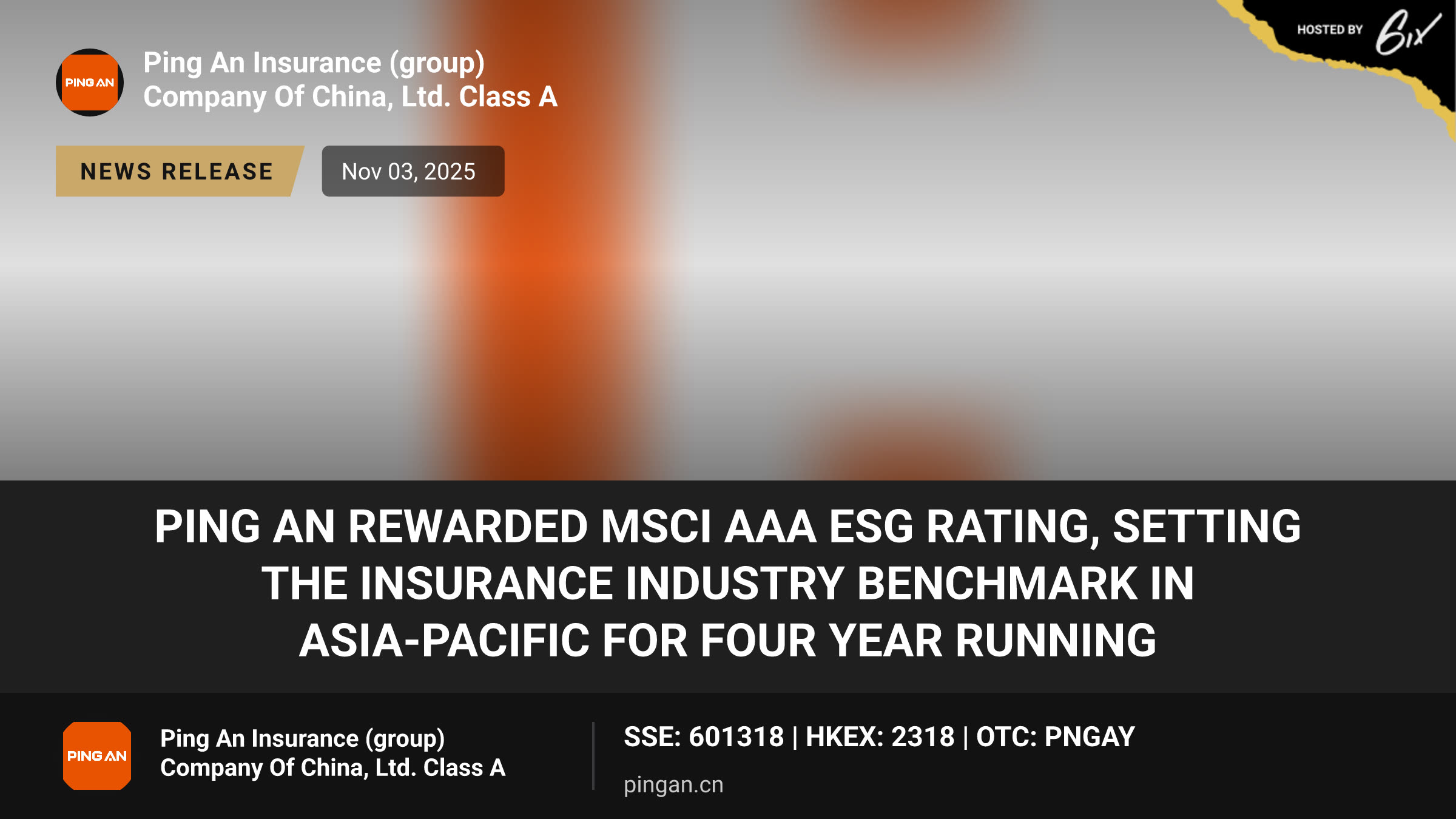 Ping An Rewarded MSCI AAA ESG Rating, Setting the Insurance Industry Benchmark in Asia-Pacific for Four Year Running