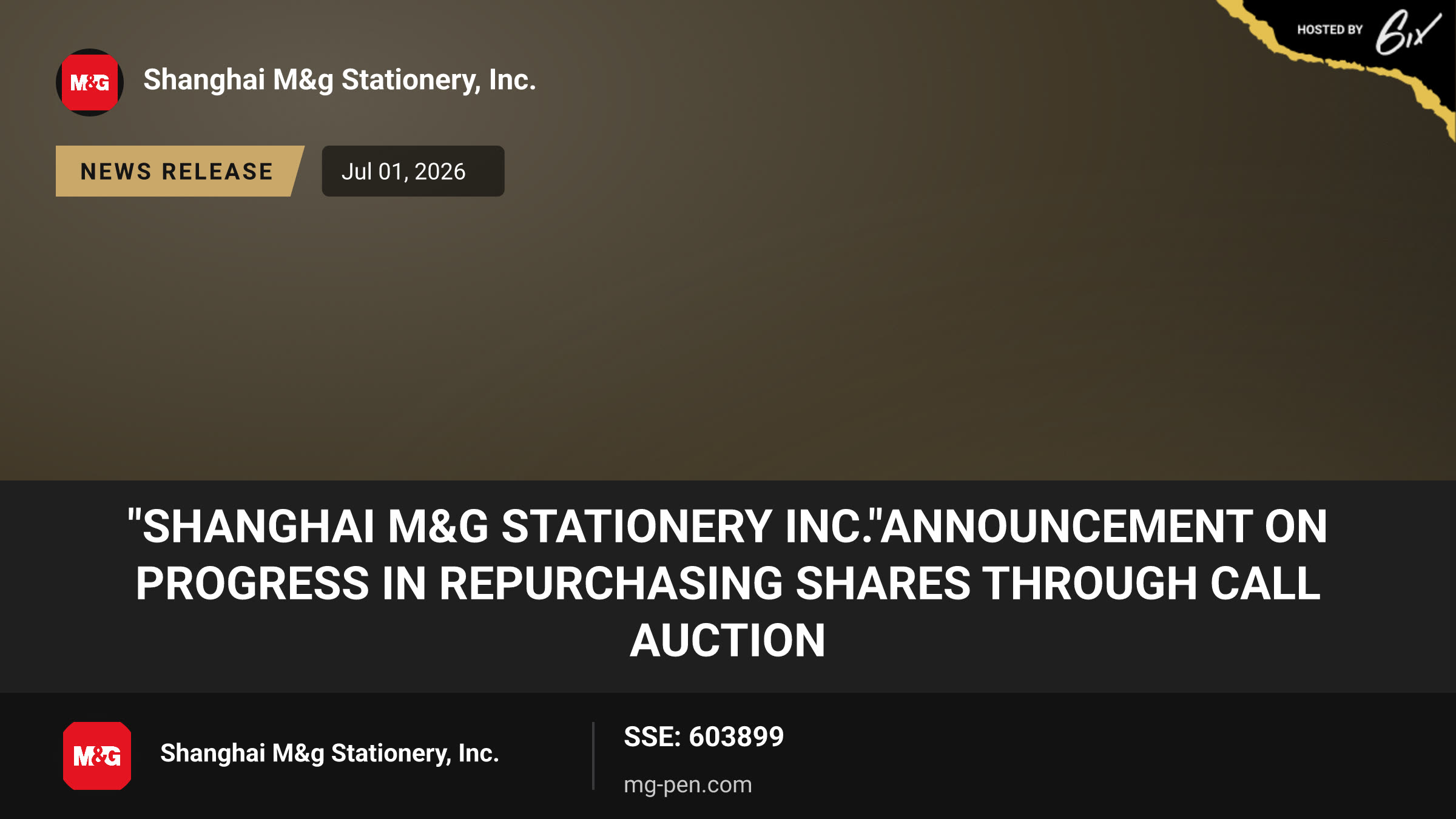 "Shanghai M&G Stationery Inc."Announcement on Progress in Repurchasing Shares through Call Auction
