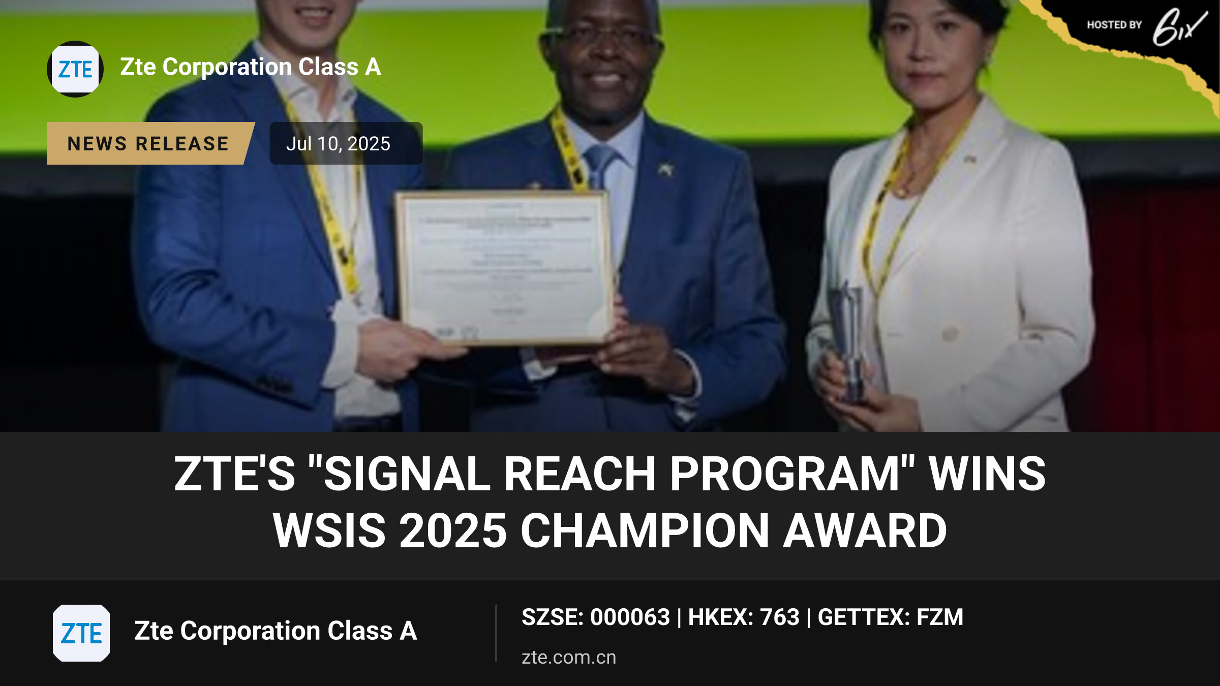 ZTE's "Signal Reach Program" Wins WSIS 2025 Champion Award