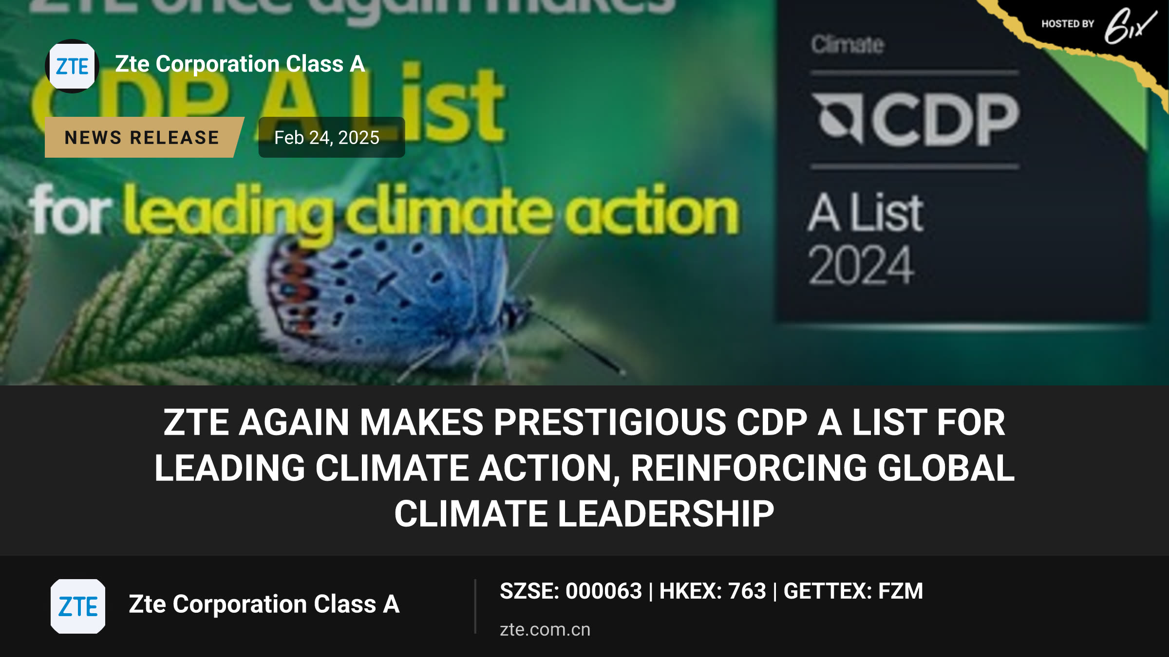 ZTE again makes prestigious CDP A List for leading climate action, reinforcing global climate leadership