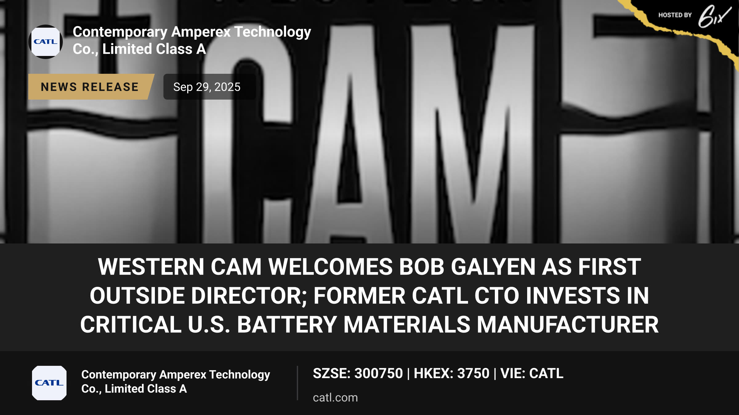Western CAM Welcomes Bob Galyen as First Outside Director; Former CATL CTO Invests in Critical U.S. Battery Materials Manufacturer