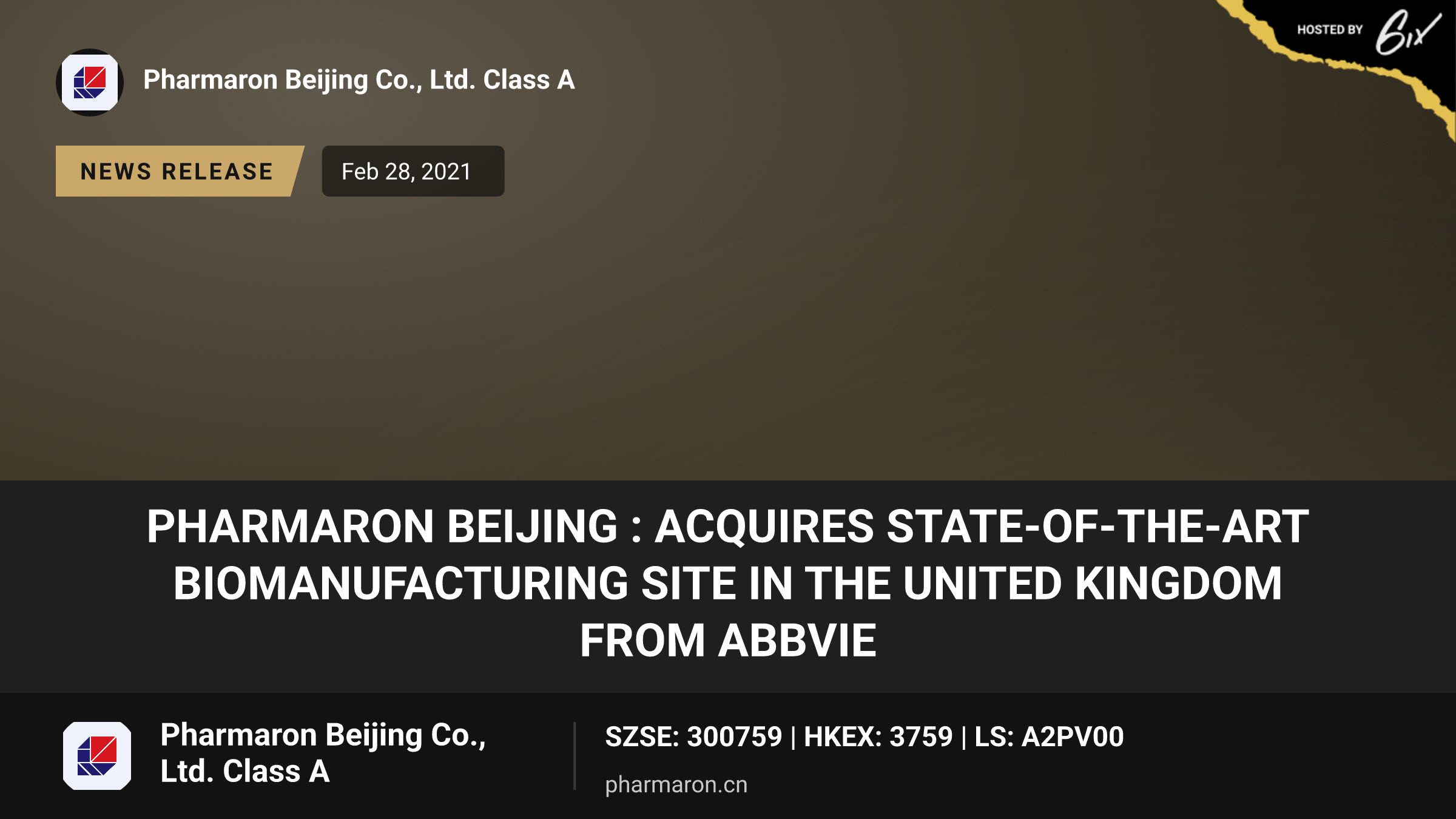 Pharmaron Beijing : Acquires State-of-the-Art Biomanufacturing Site in the United Kingdom from AbbVie