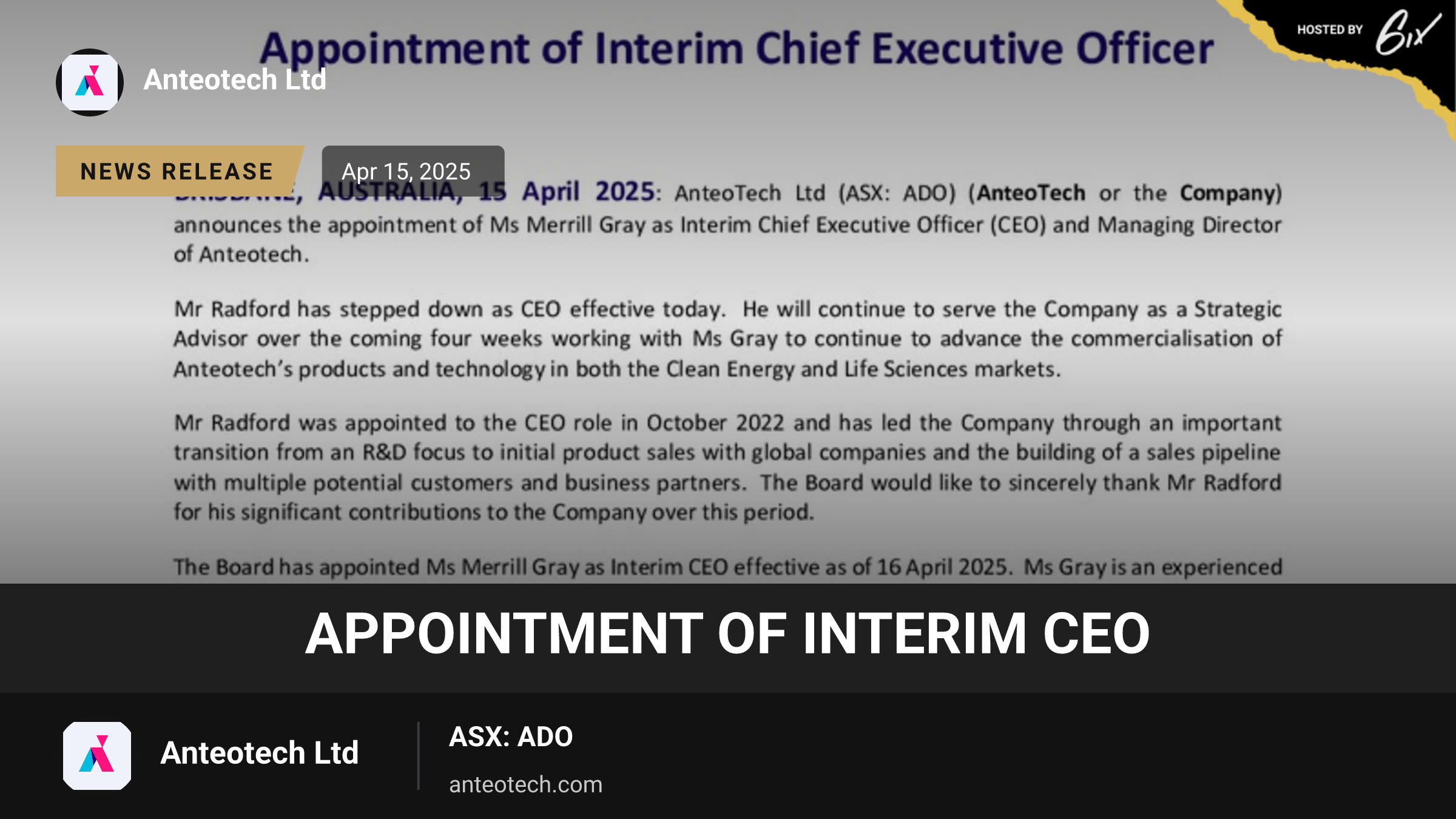 Appointment of Interim CEO