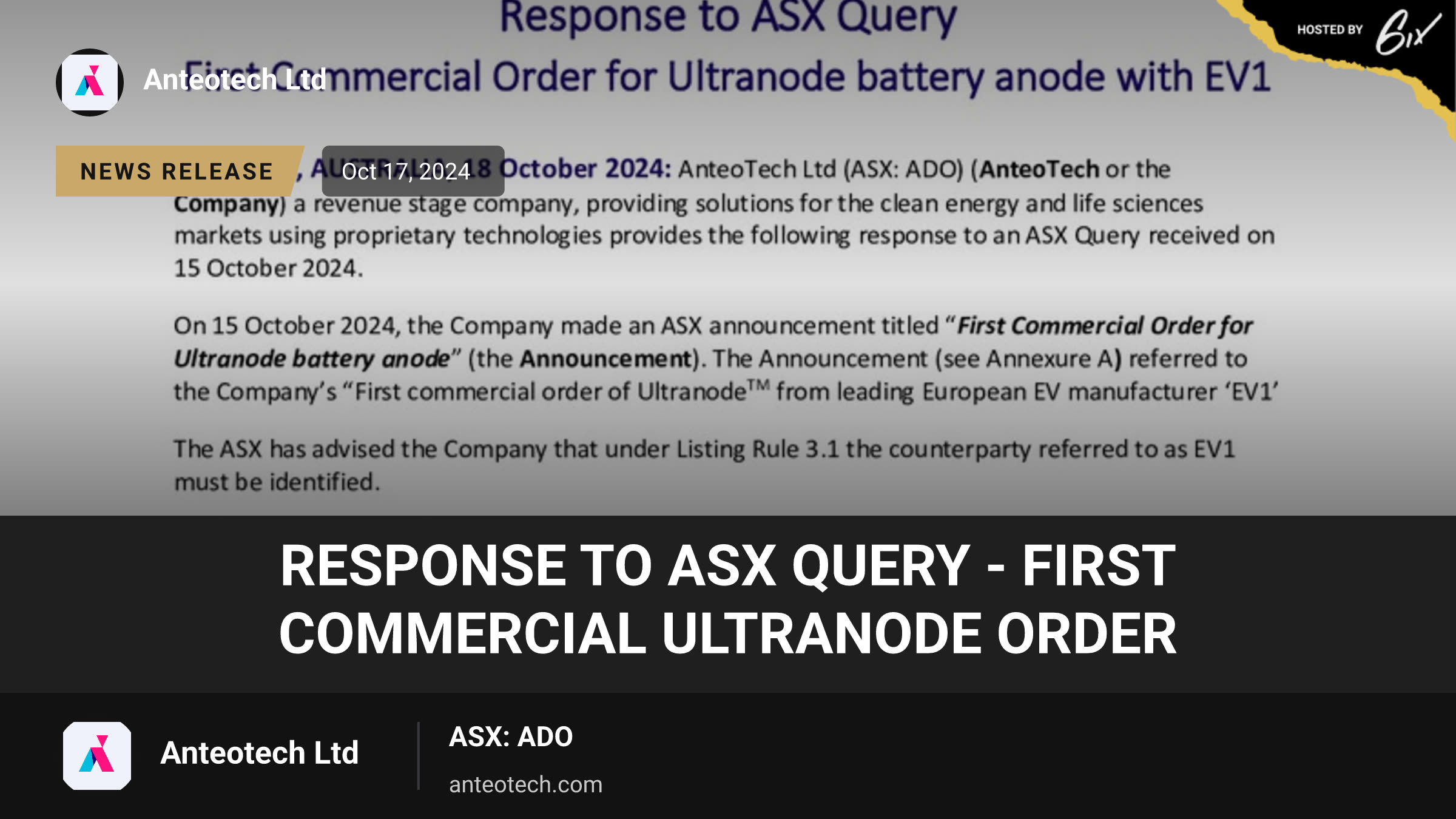 Response to ASX Query - First commercial Ultranode order