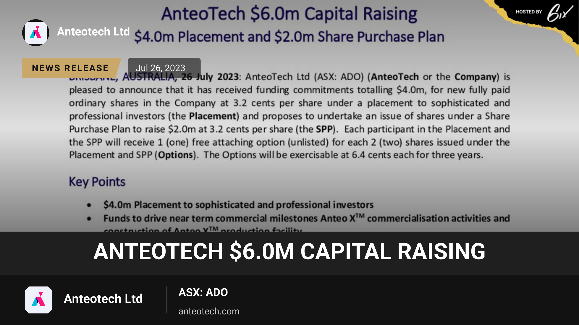 AnteoTech $6.0m Capital Raising