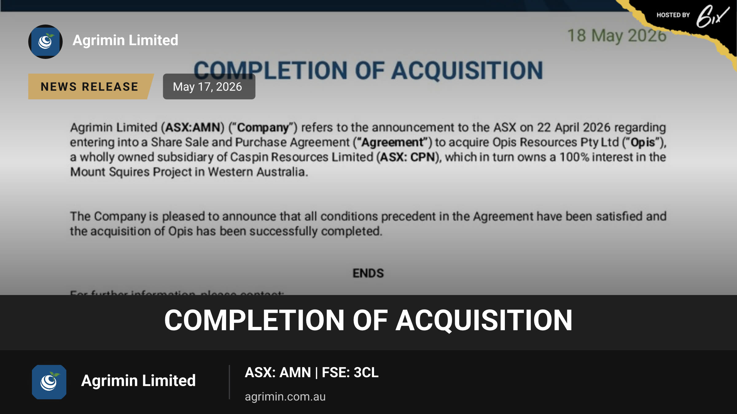 Completion of Acquisition