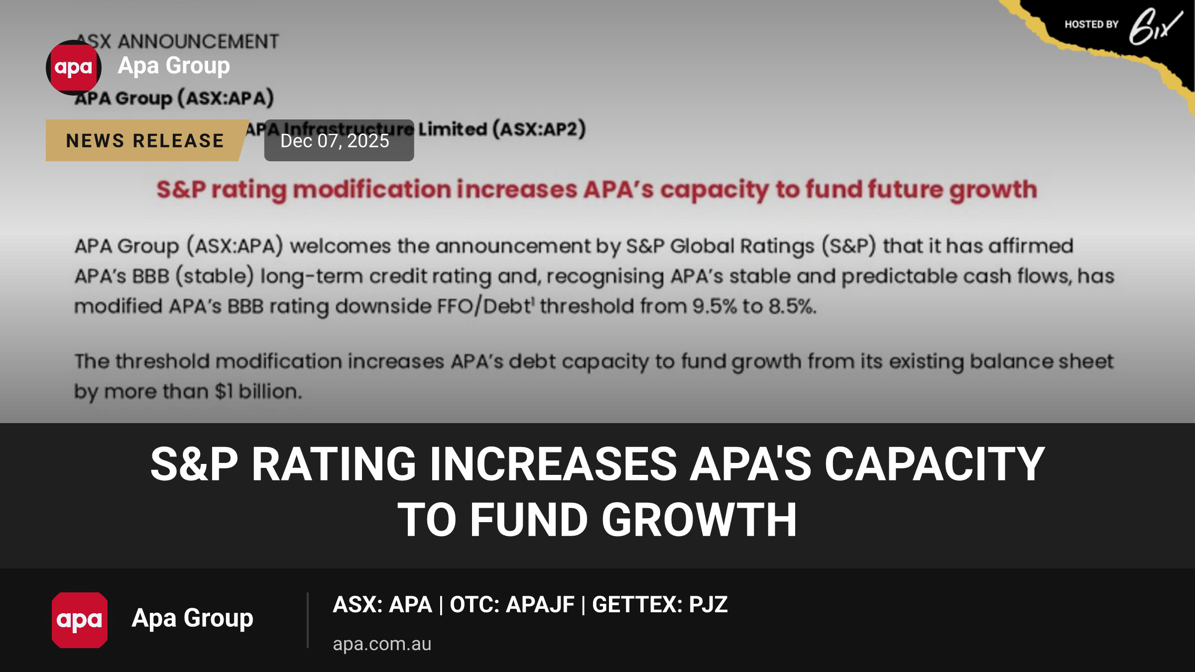 S&P rating increases APA's capacity to fund growth