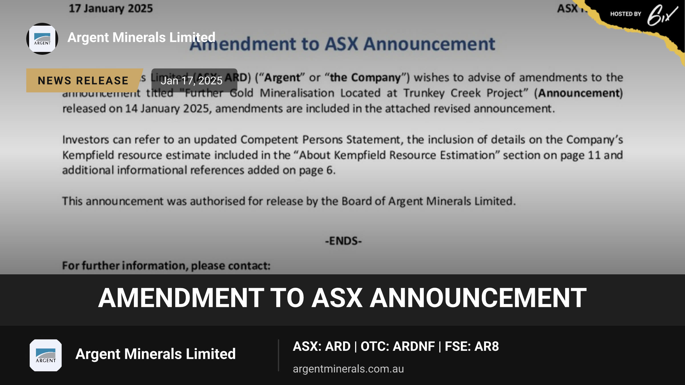 Amendment to ASX Announcement