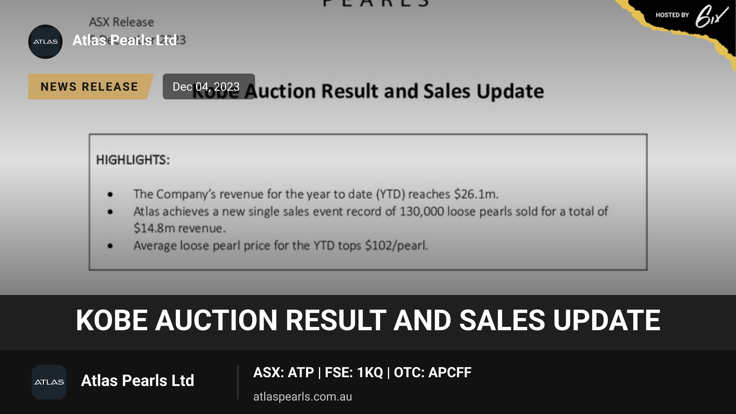 Kobe Auction Result and Sales Update