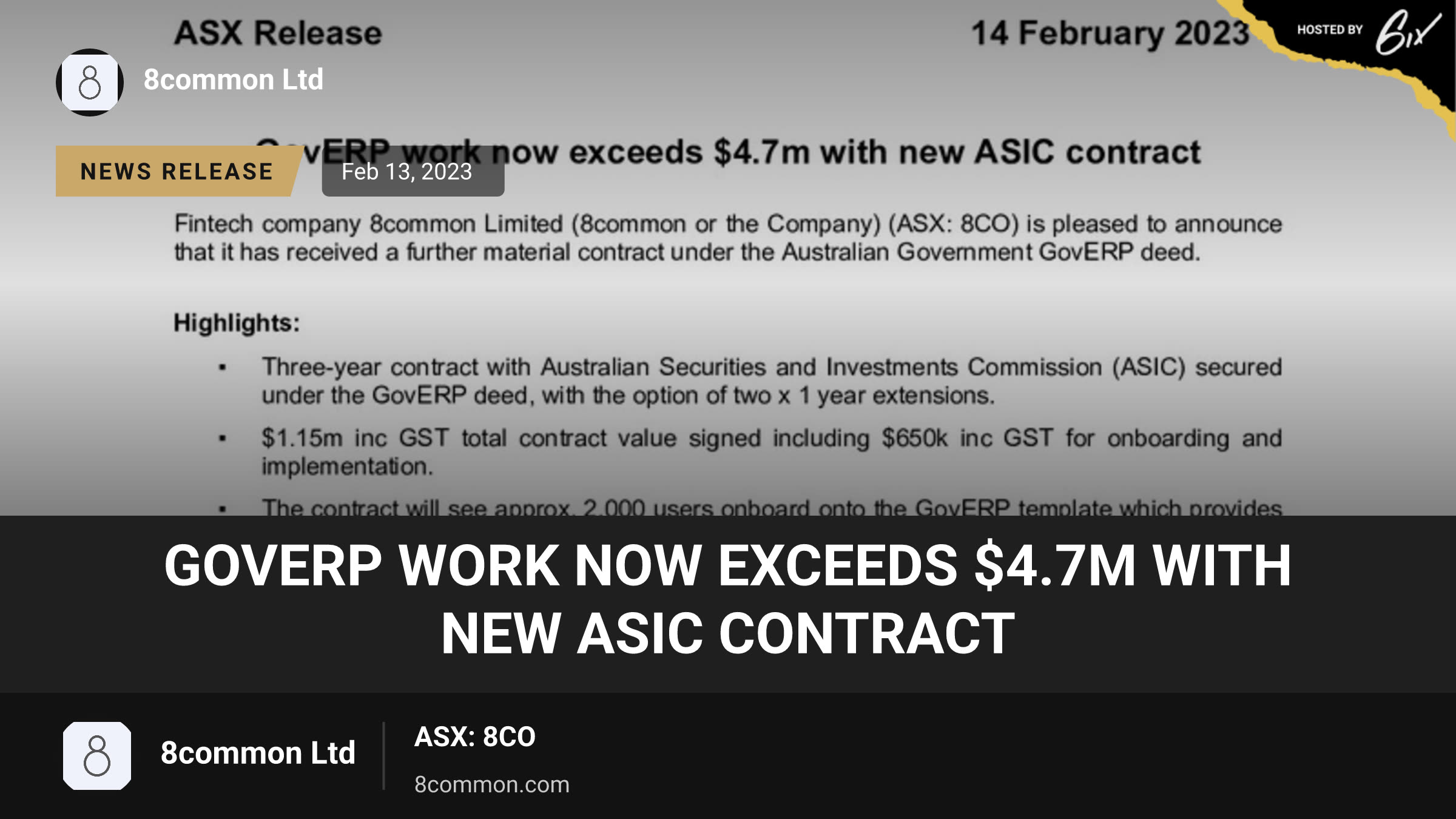 GovERP work now exceeds $4.7m with new ASIC contract