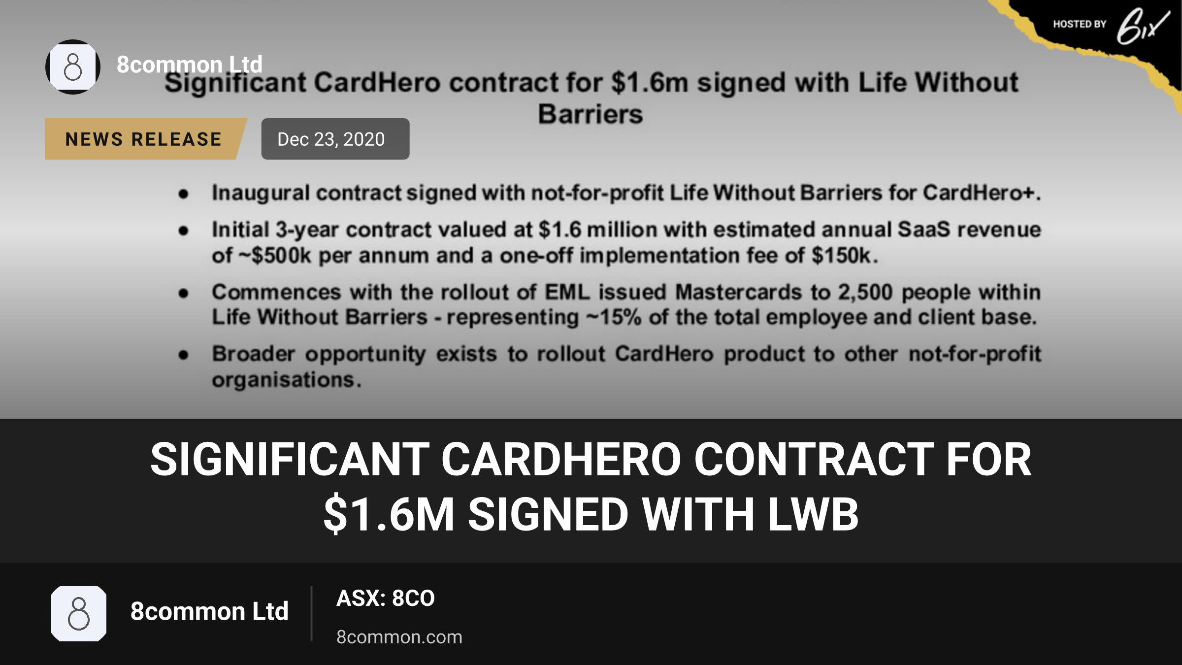 Significant CardHero contract for $1.6m signed with LWB