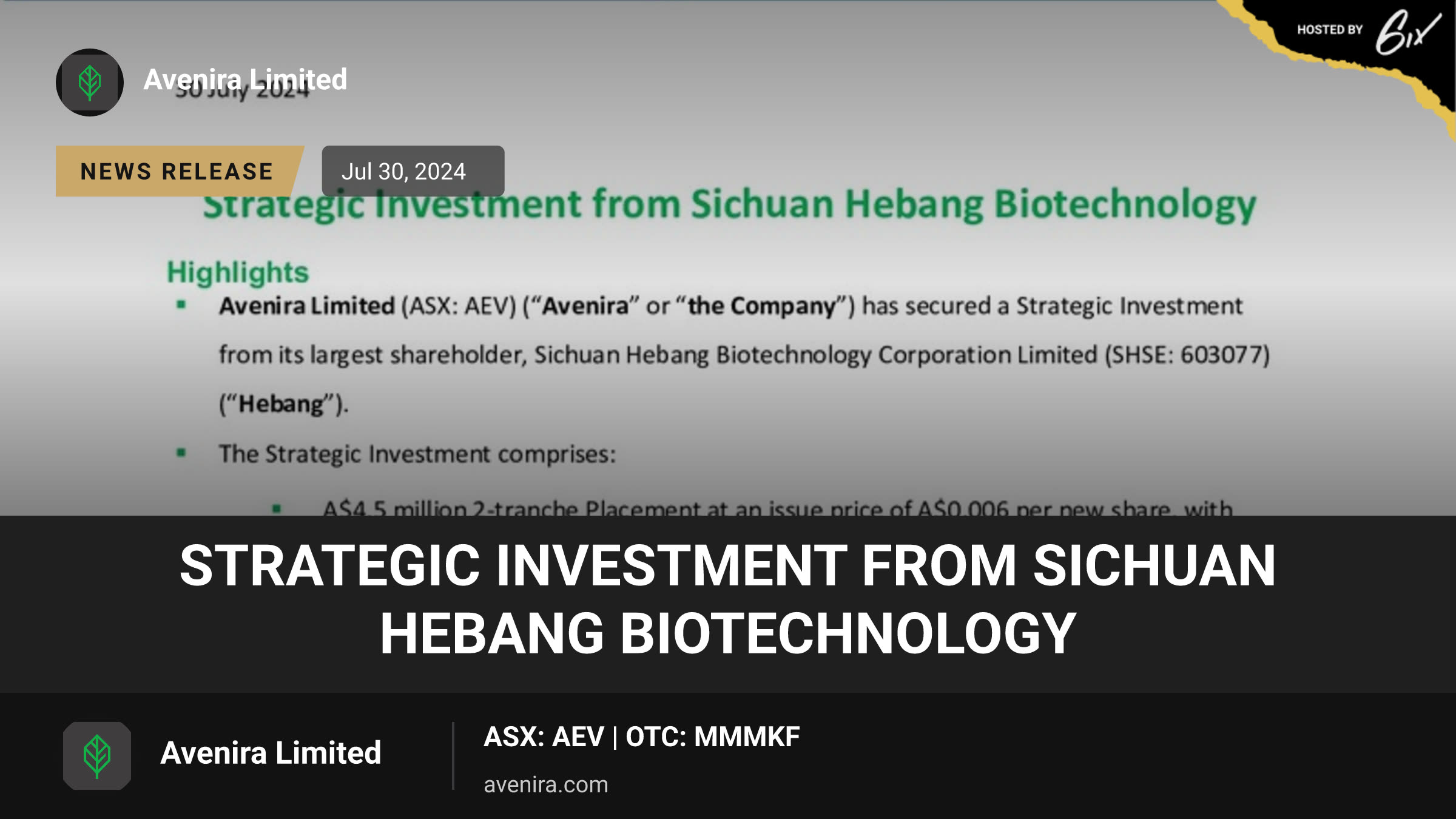 Strategic Investment from Sichuan Hebang Biotechnology