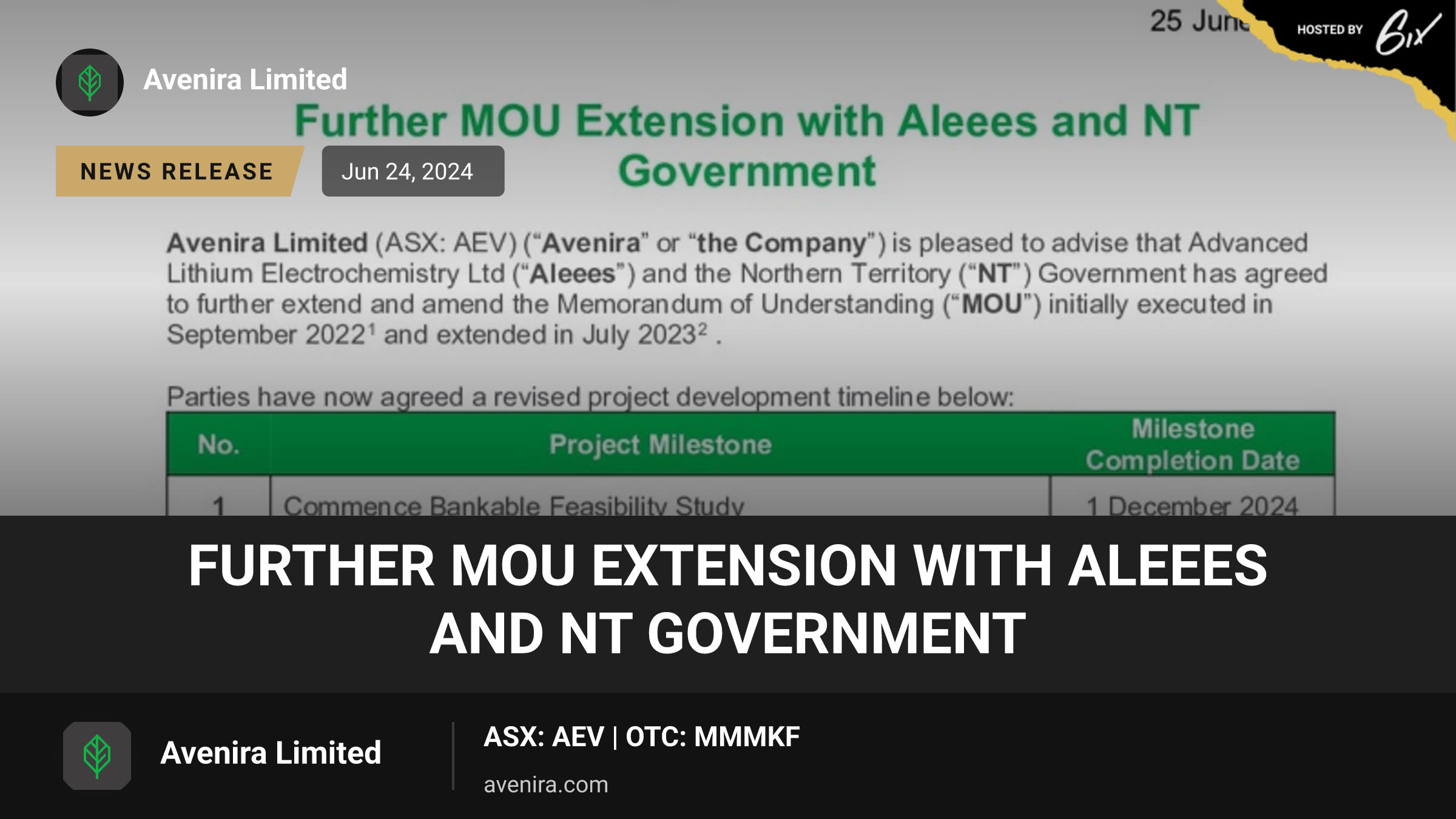 Further MOU Extension with Aleees and NT Government