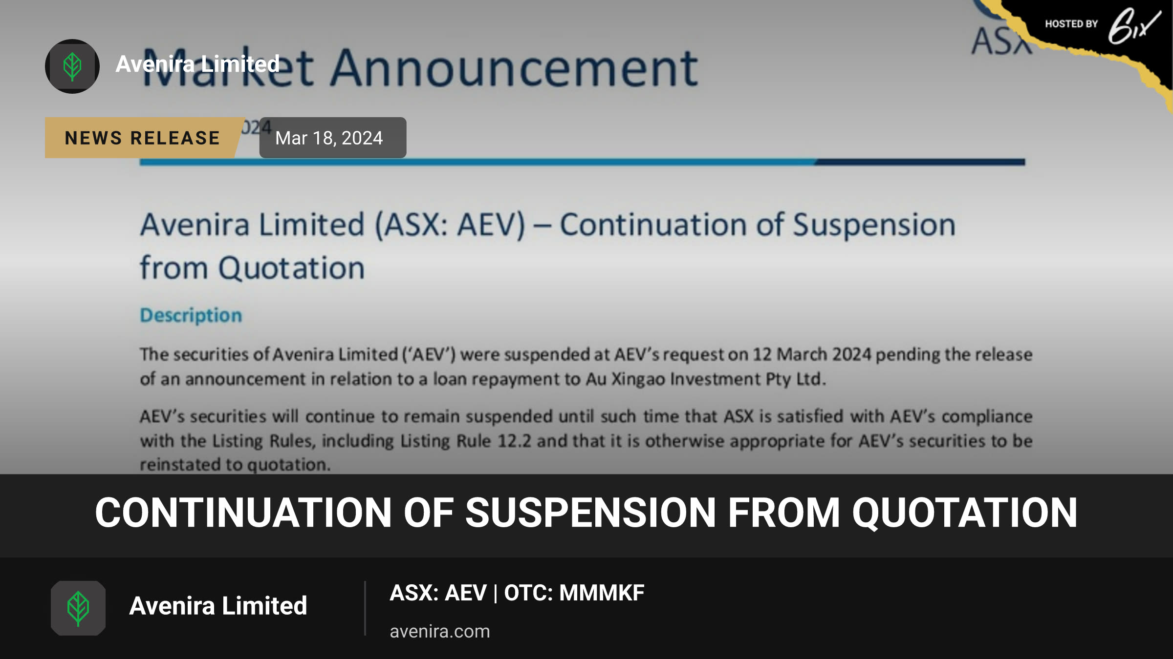 Continuation of Suspension from Quotation