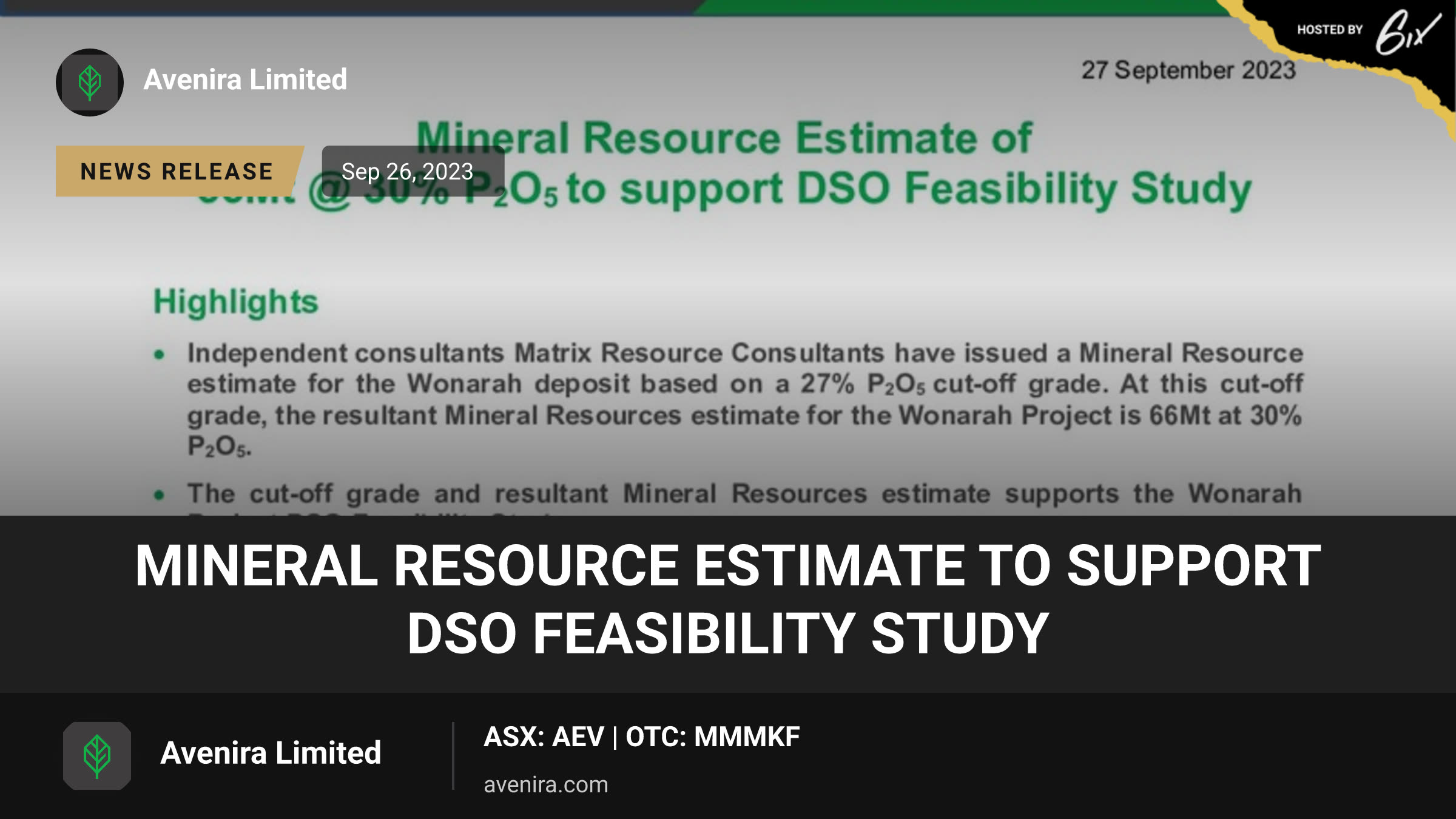 Mineral Resource Estimate to support DSO Feasibility Study
