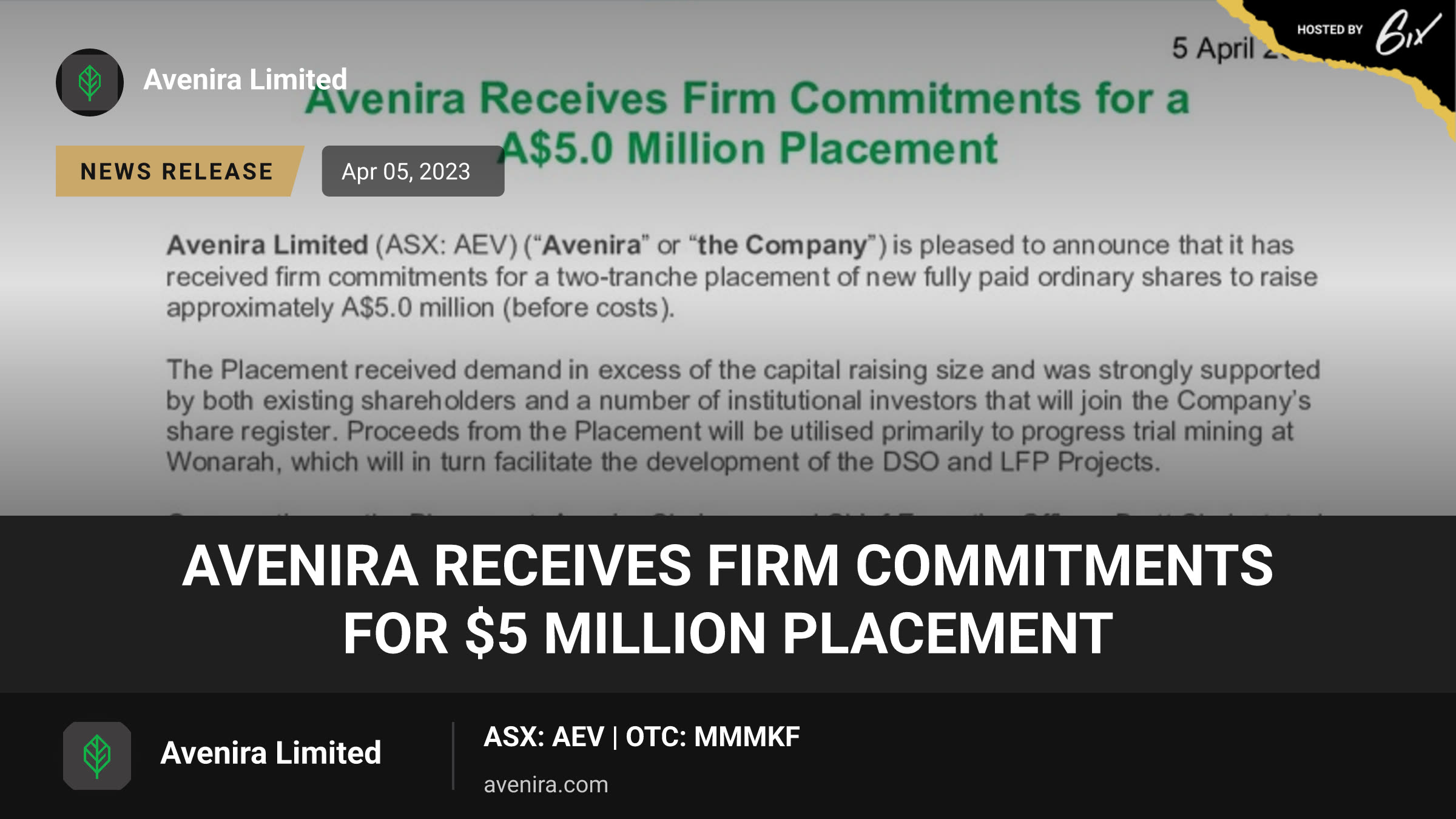 Avenira Receives Firm Commitments for $5 Million Placement