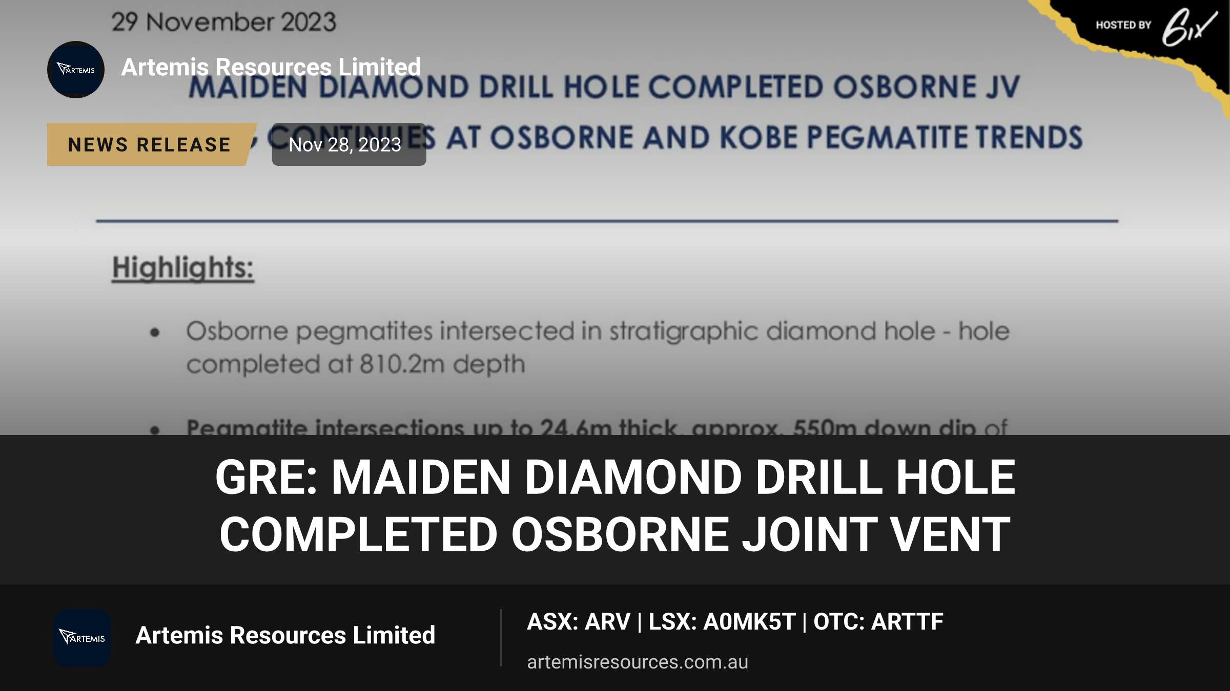 GRE: Maiden Diamond Drill Hole Completed Osborne Joint Vent